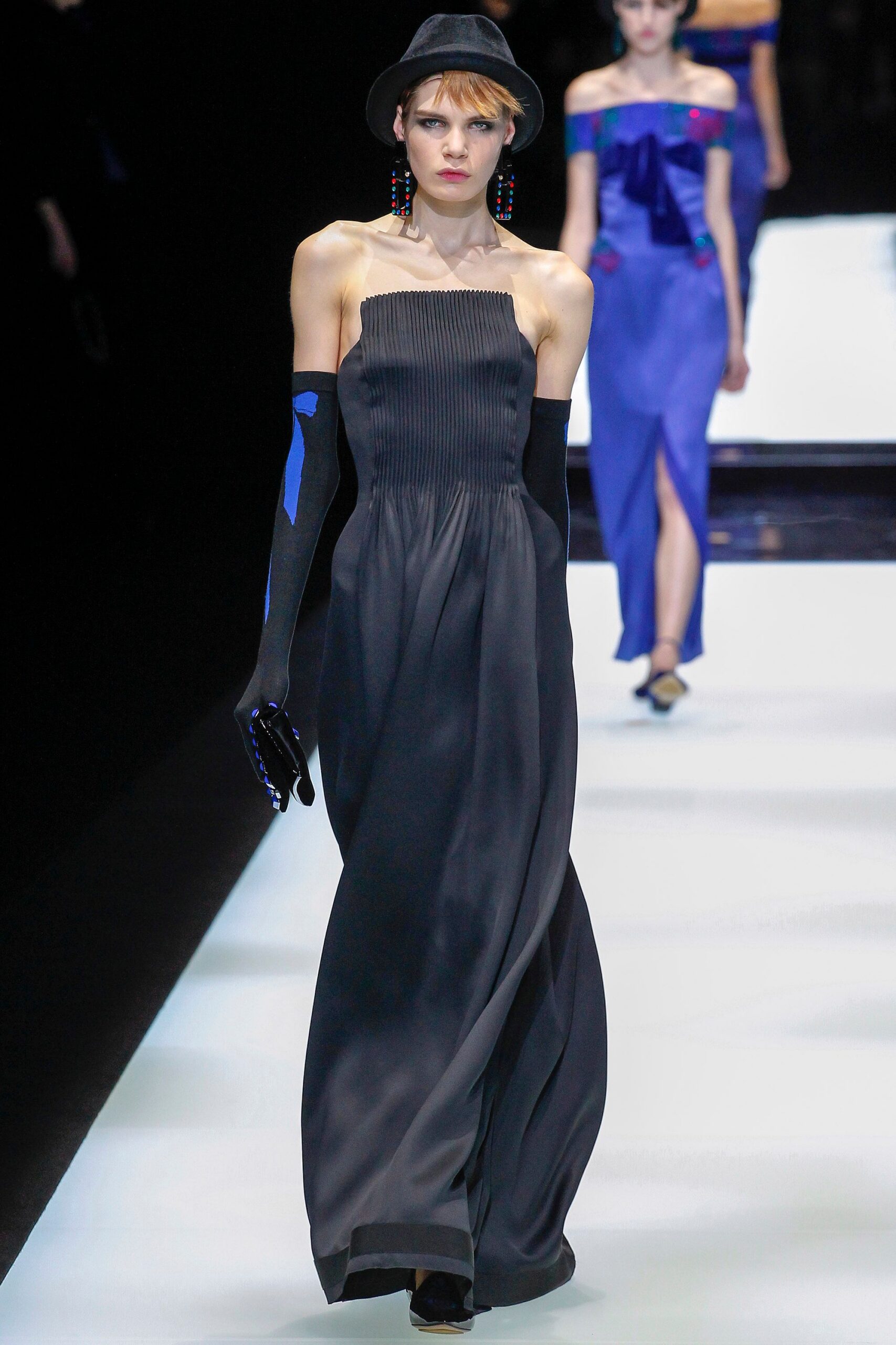 black silk strapless fitted pleated flowing maxi gown