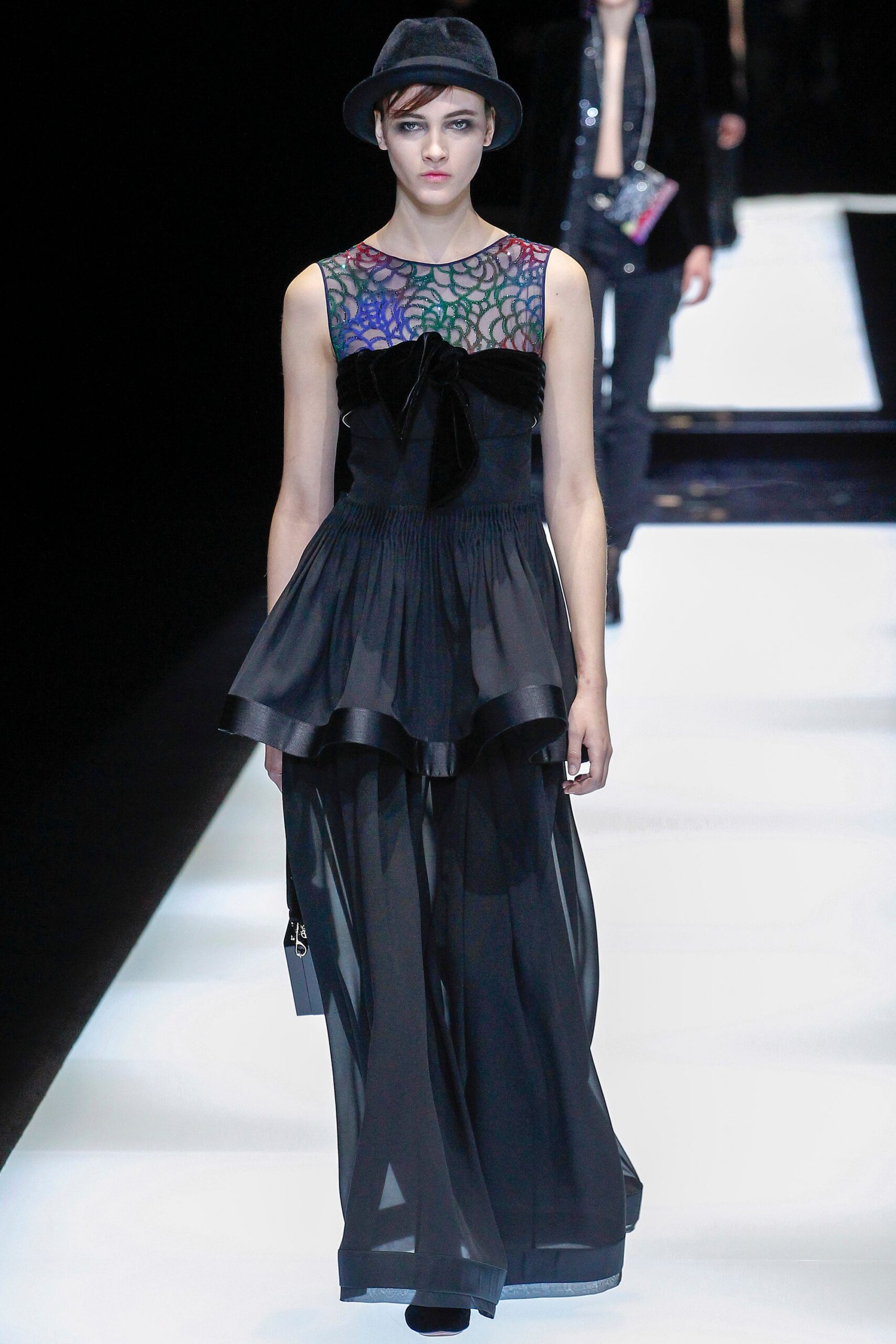 black silk sleeveless v-neck fitted pleated layered dress
