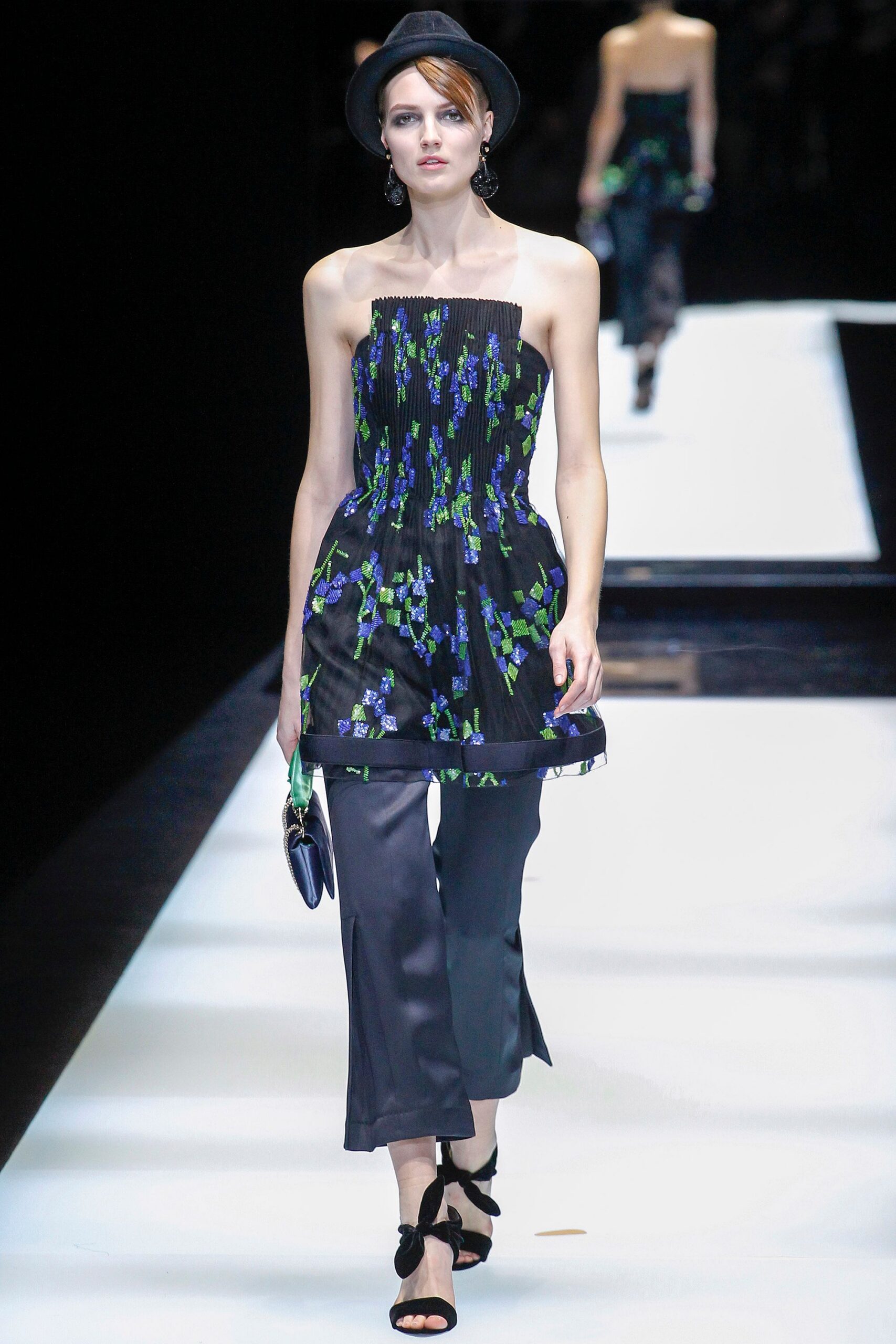 black silk strapless fitted pleated embroidered top