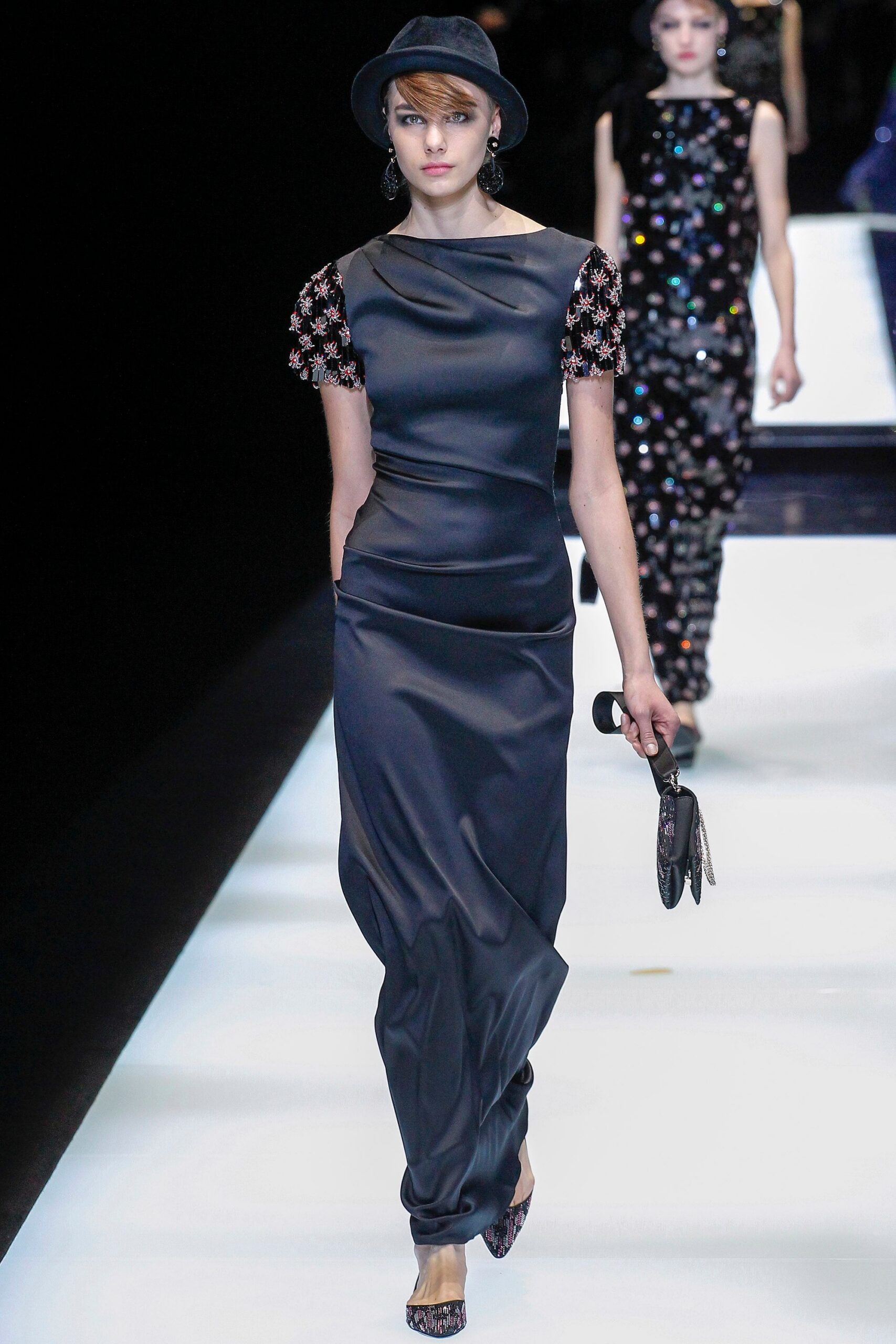 black silk short-sleeve scoop-neck fitted draped midi dress