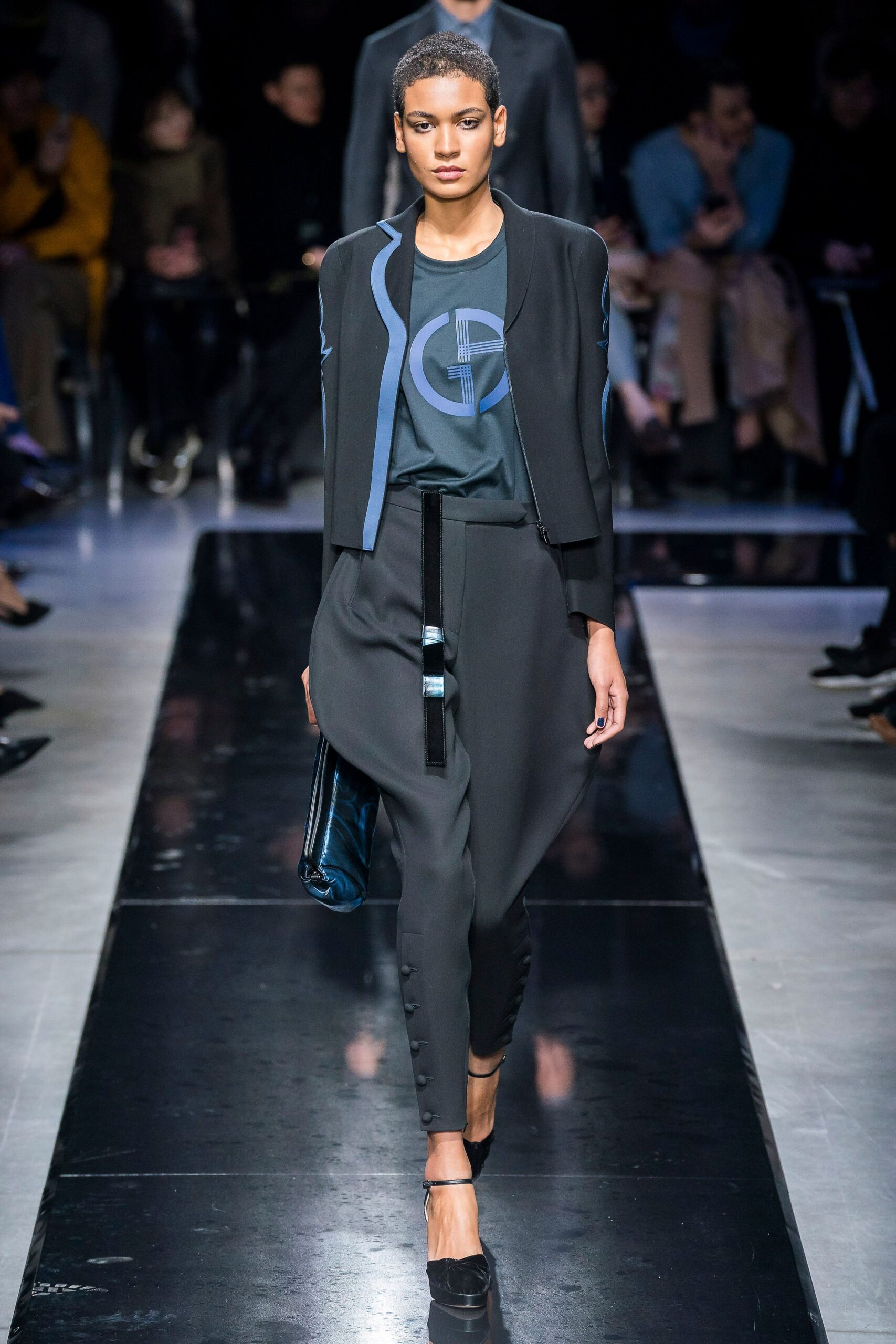 black fitted jacket with gray t-shirt