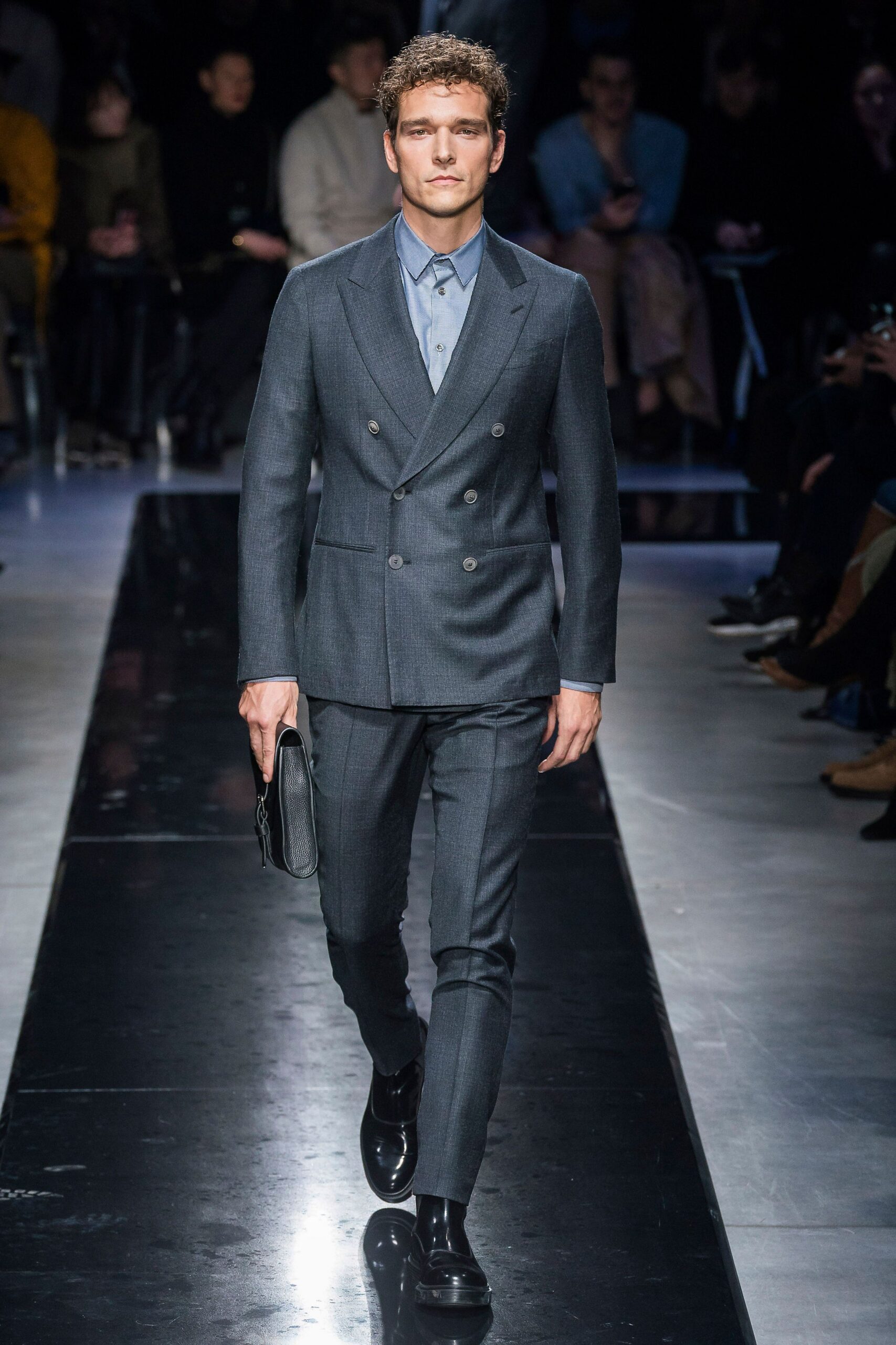 gray tailored suit with blue shirt