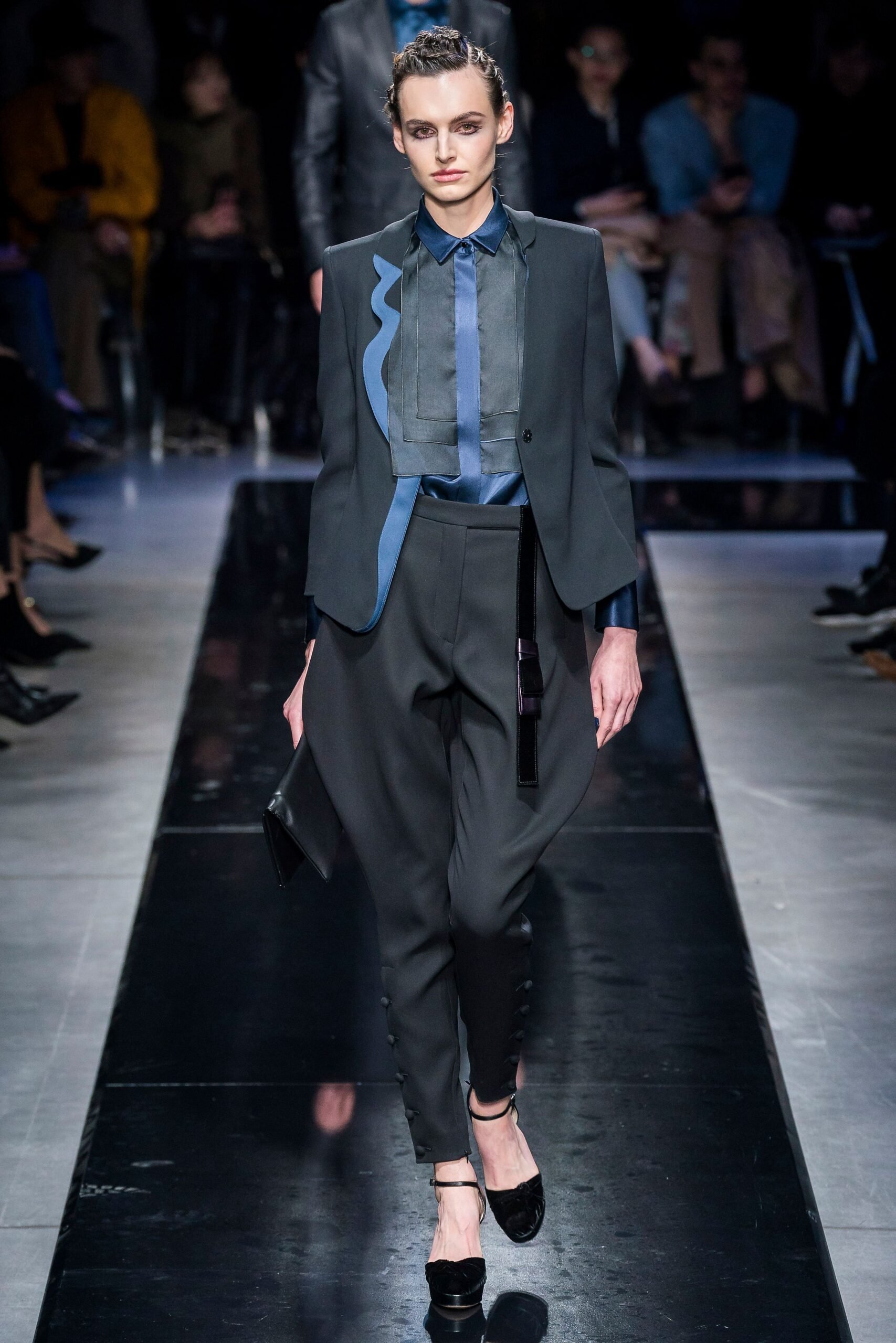 black tailored blazer with gray shirt
