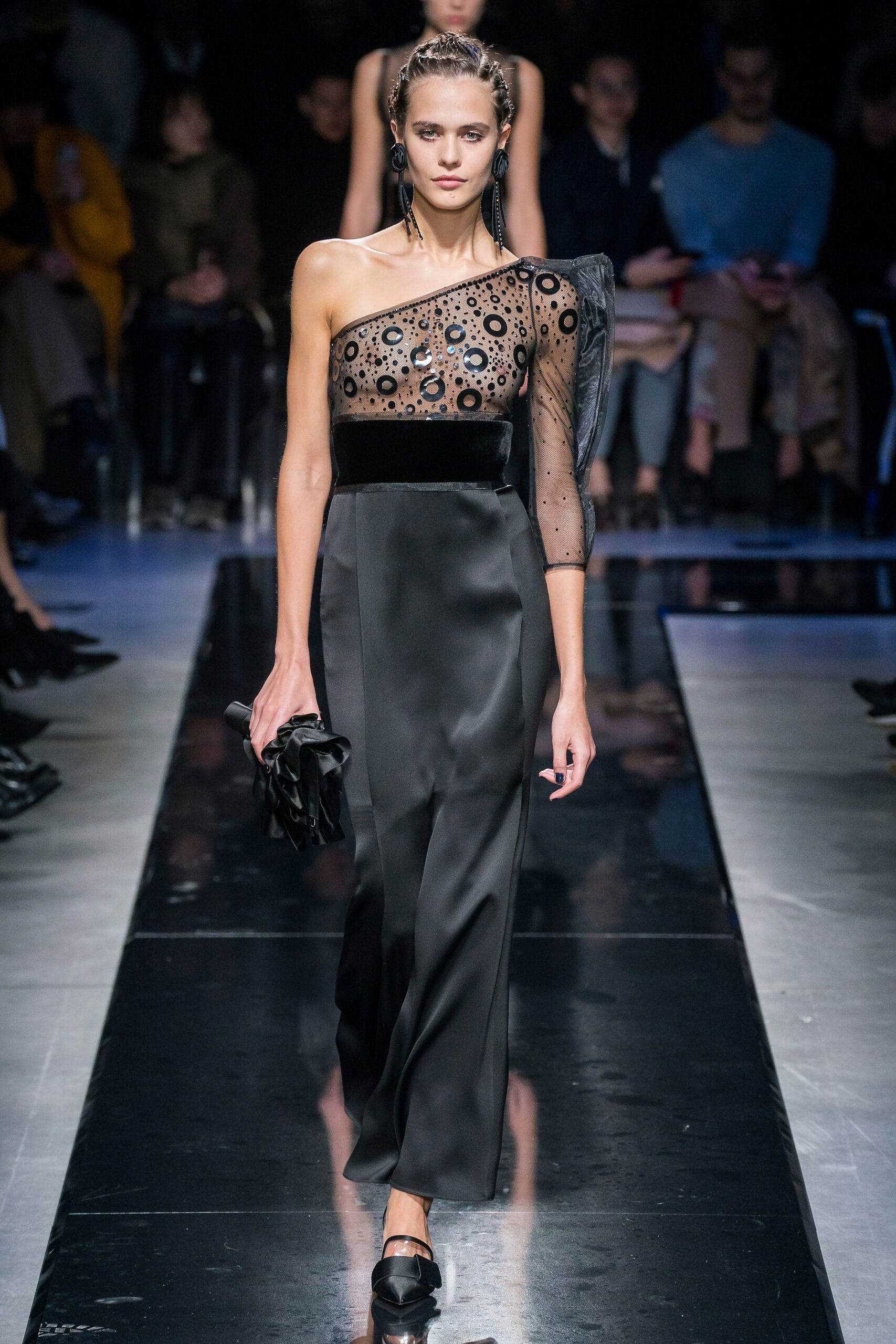 black silk gown with tulle details