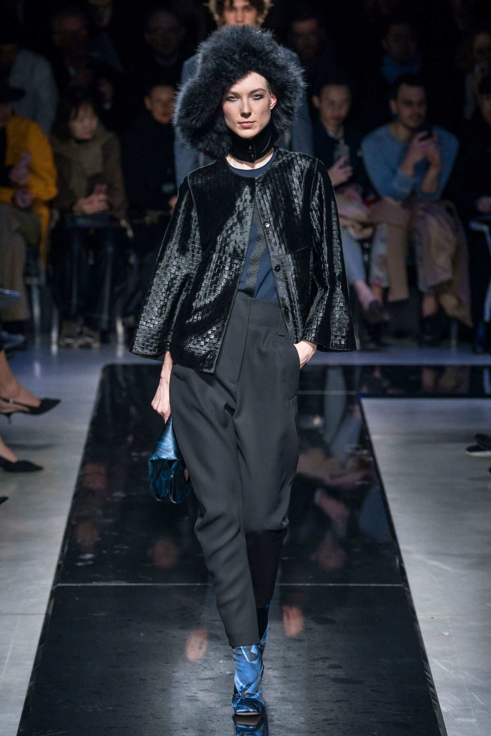 black silk jacket blue top