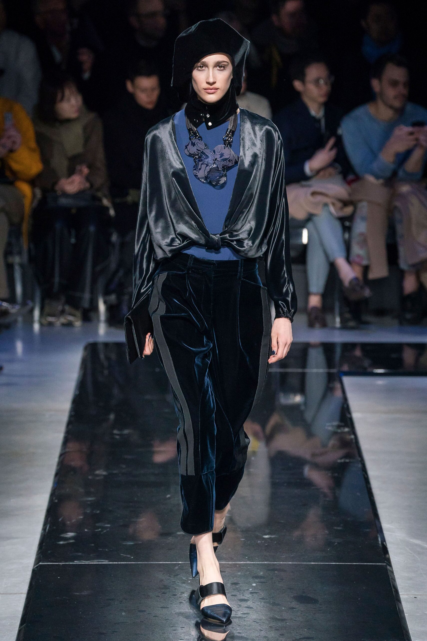 black silk top with velvet pants