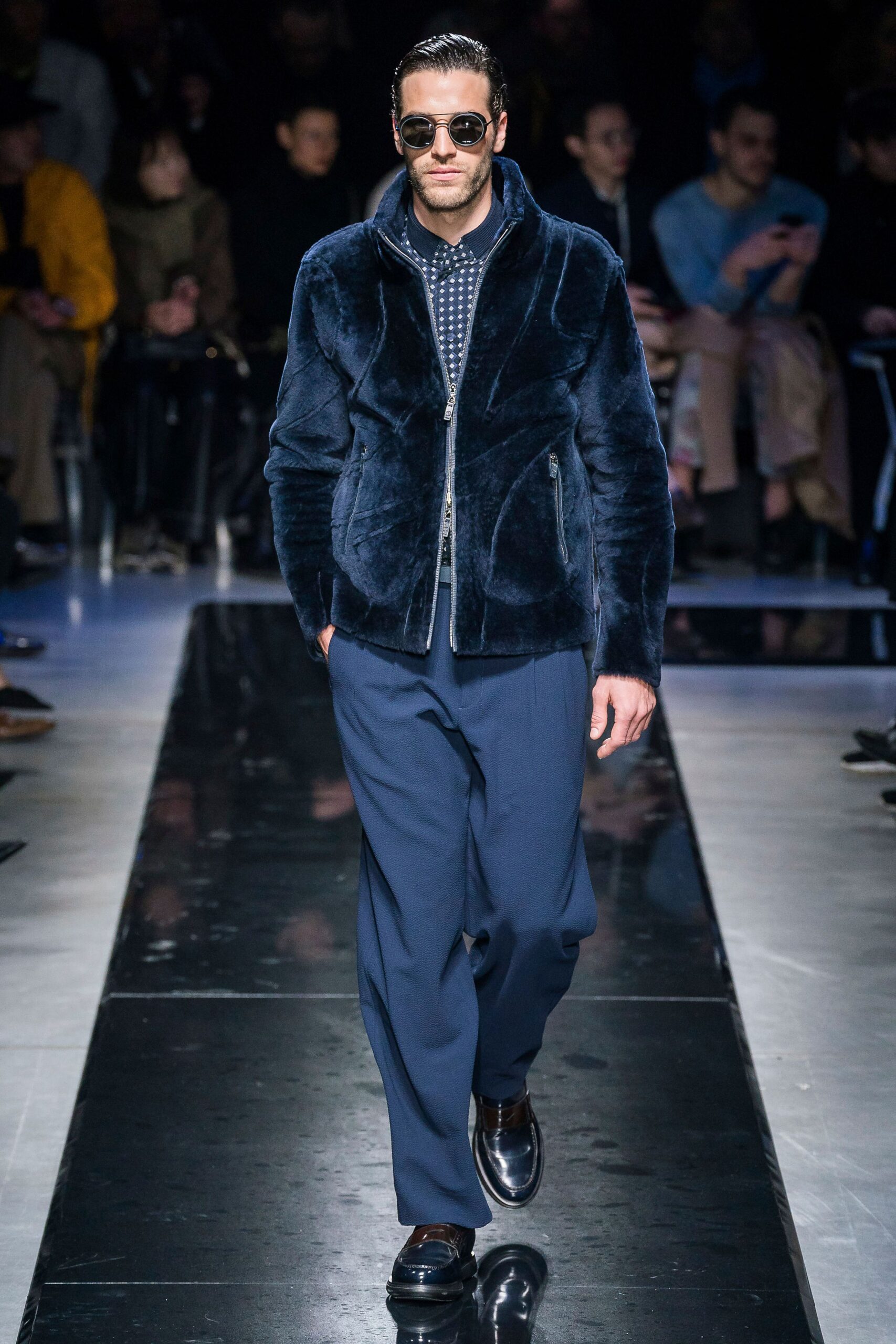 blue faux-fur jacket with relaxed pants