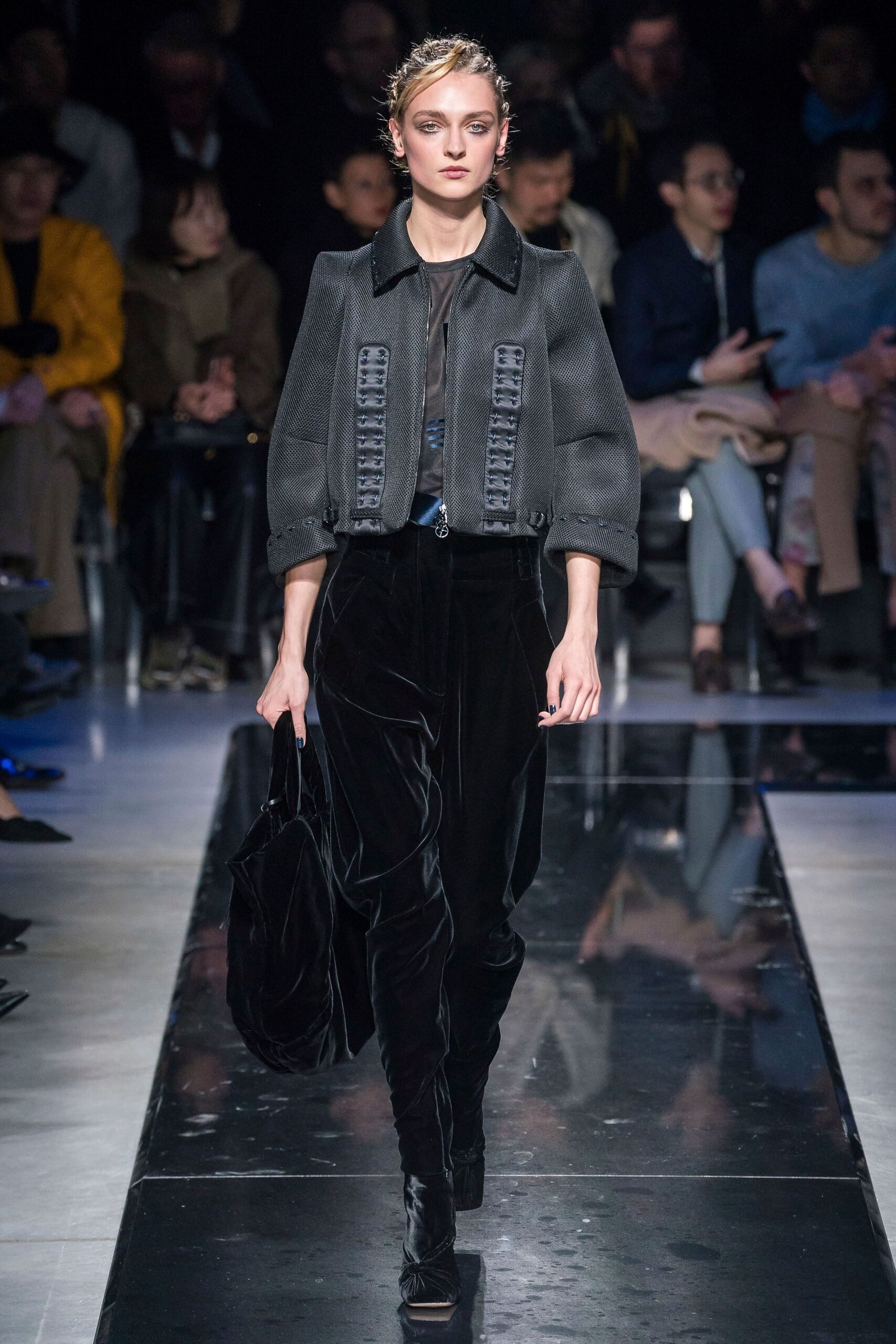 gray wool fitted jacket with black velvet pants