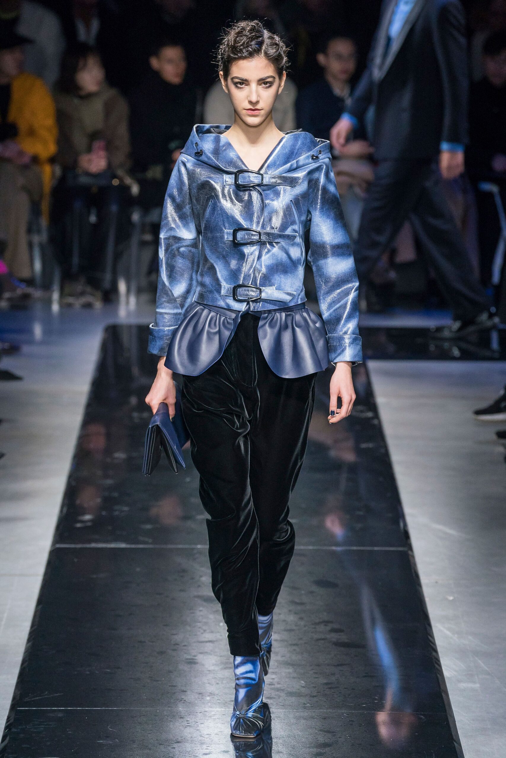 blue silk jacket with black velvet pants