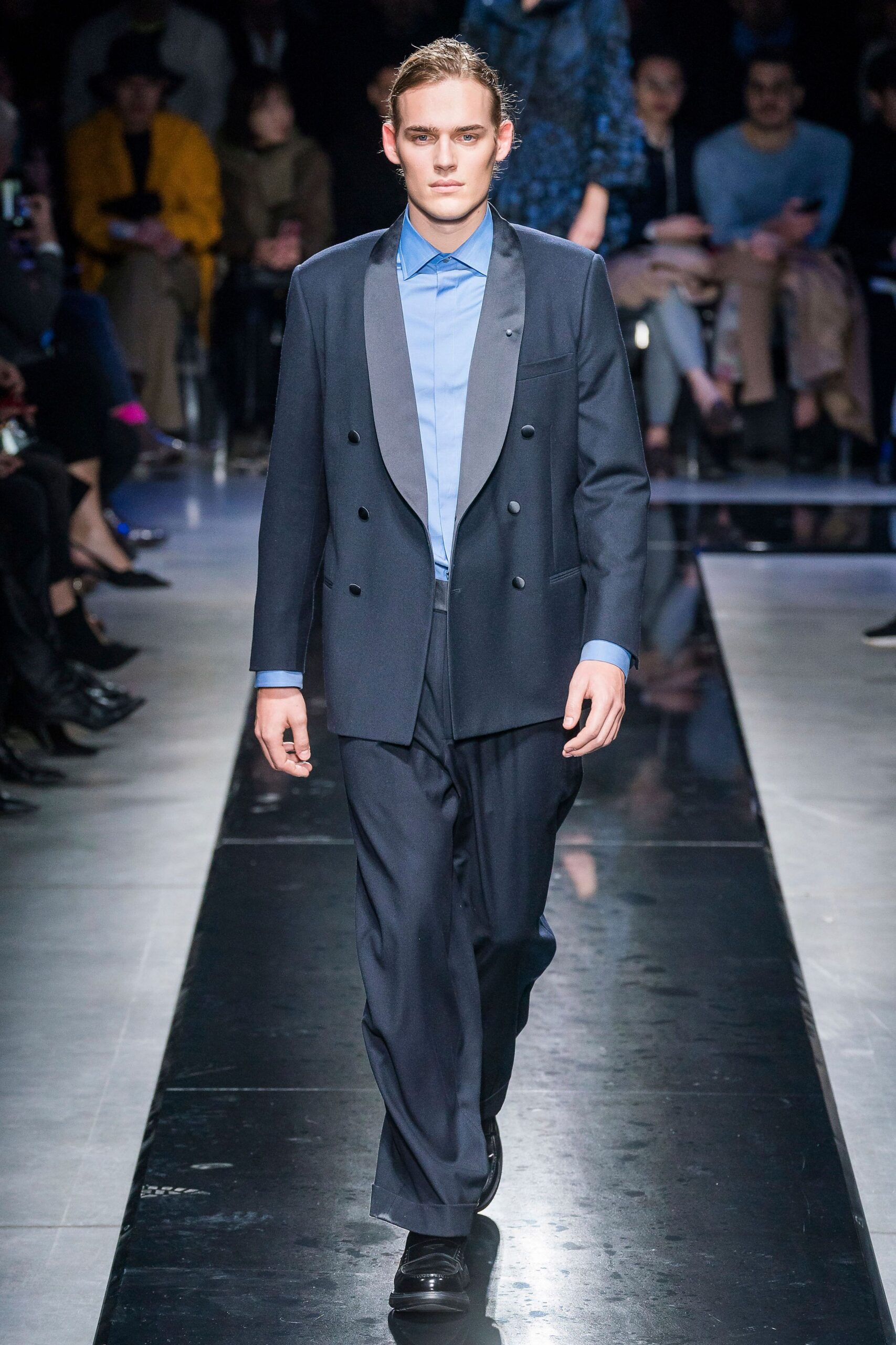 navy tailored suit with light blue shirt