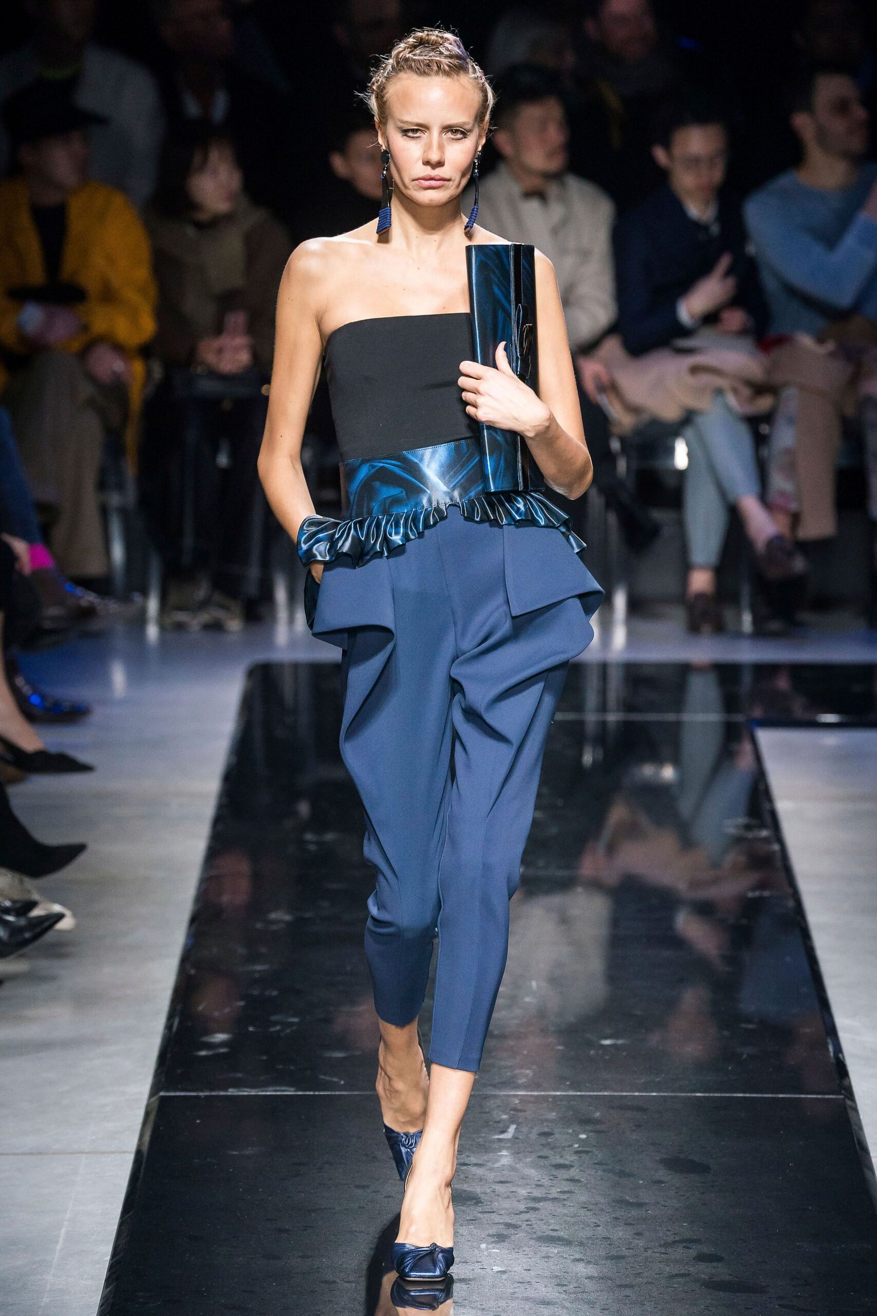 black silk strapless top with blue tailored pants