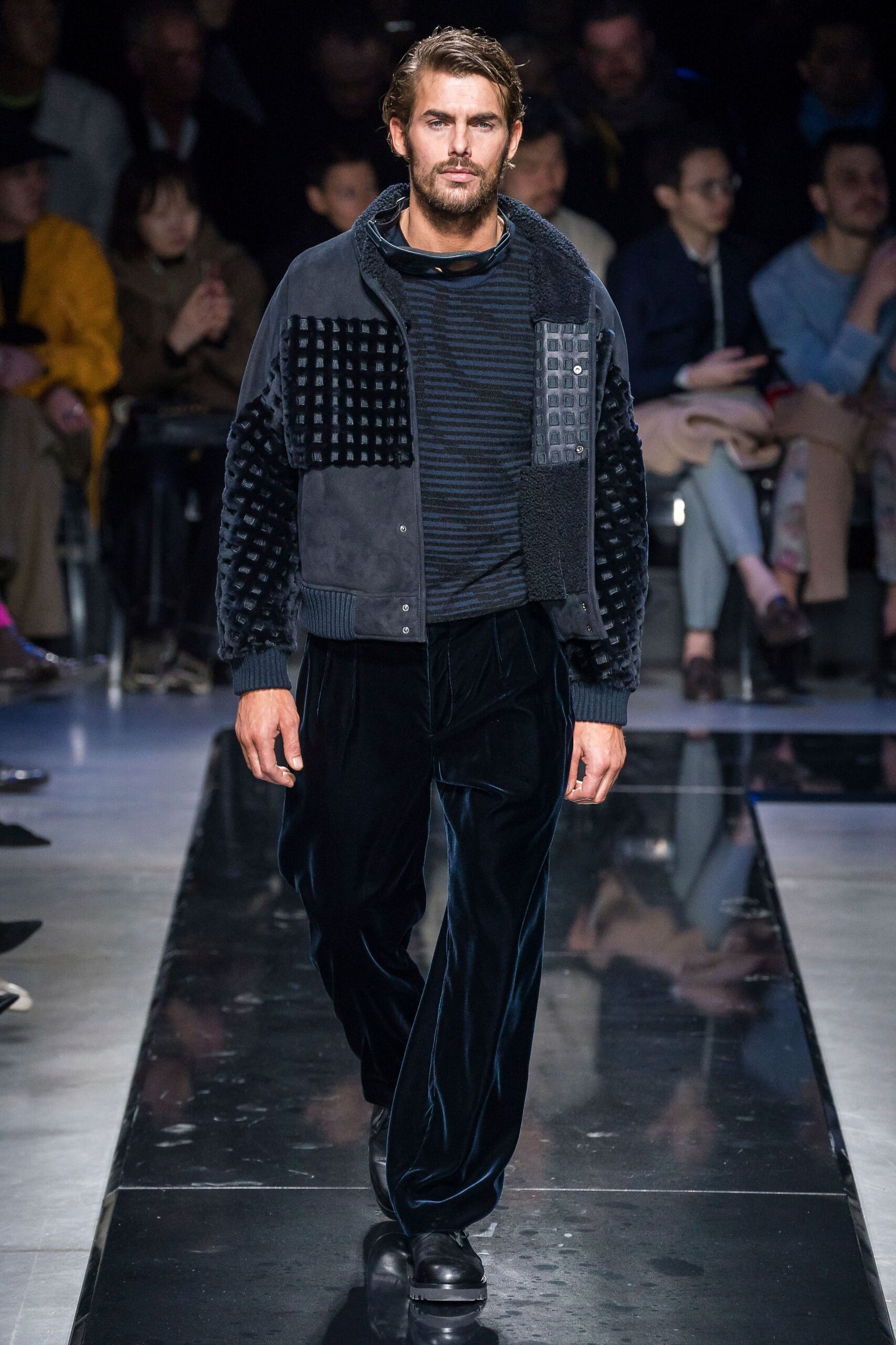 black velvet jacket with blue shirt