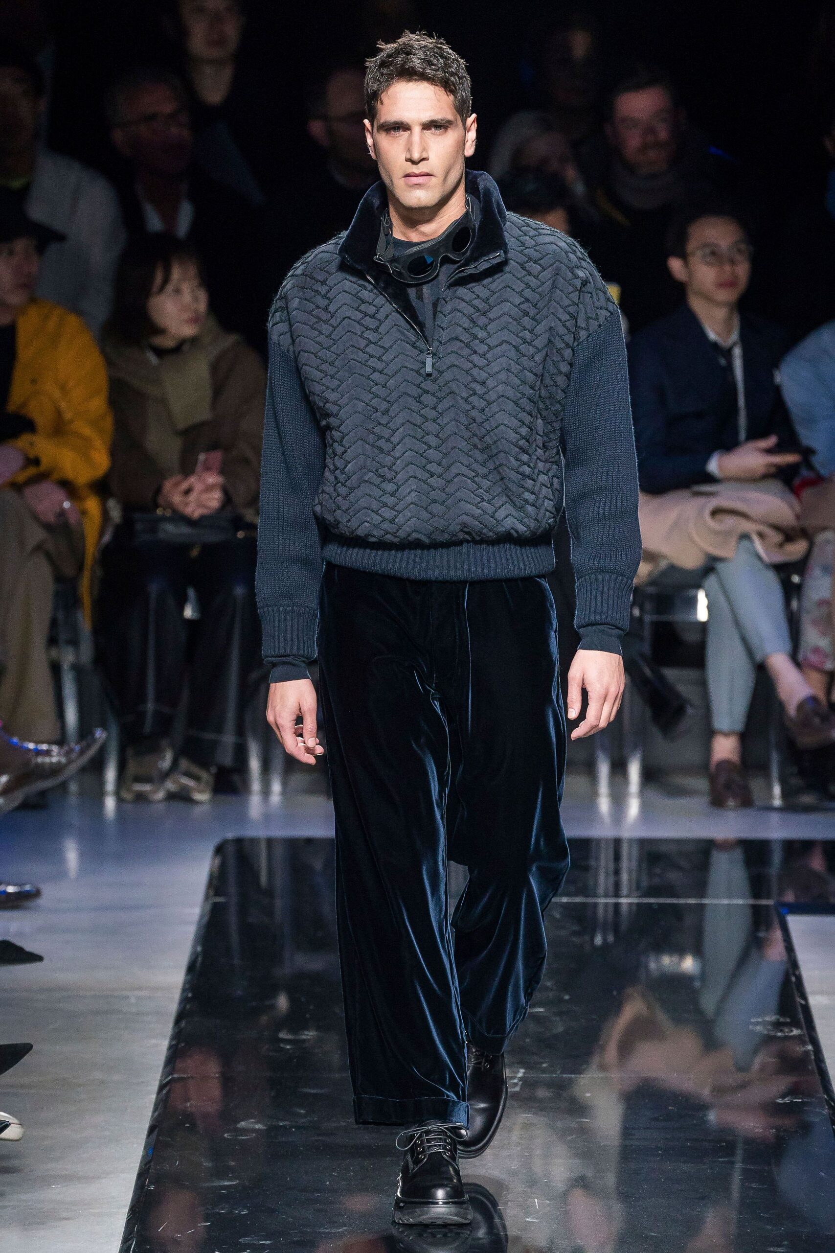 navy wool sweater black velvet pants