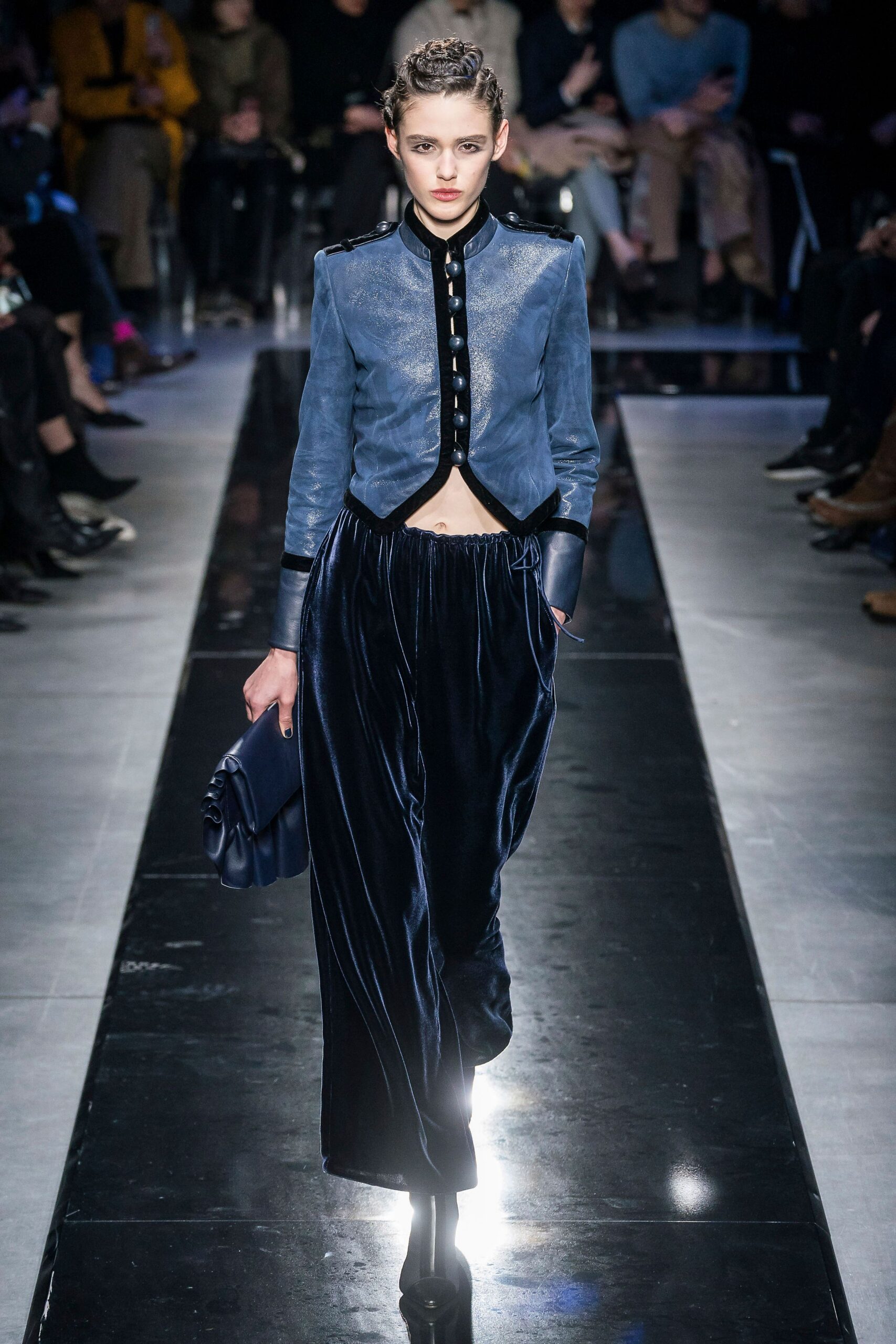 blue velvet jacket and black pants