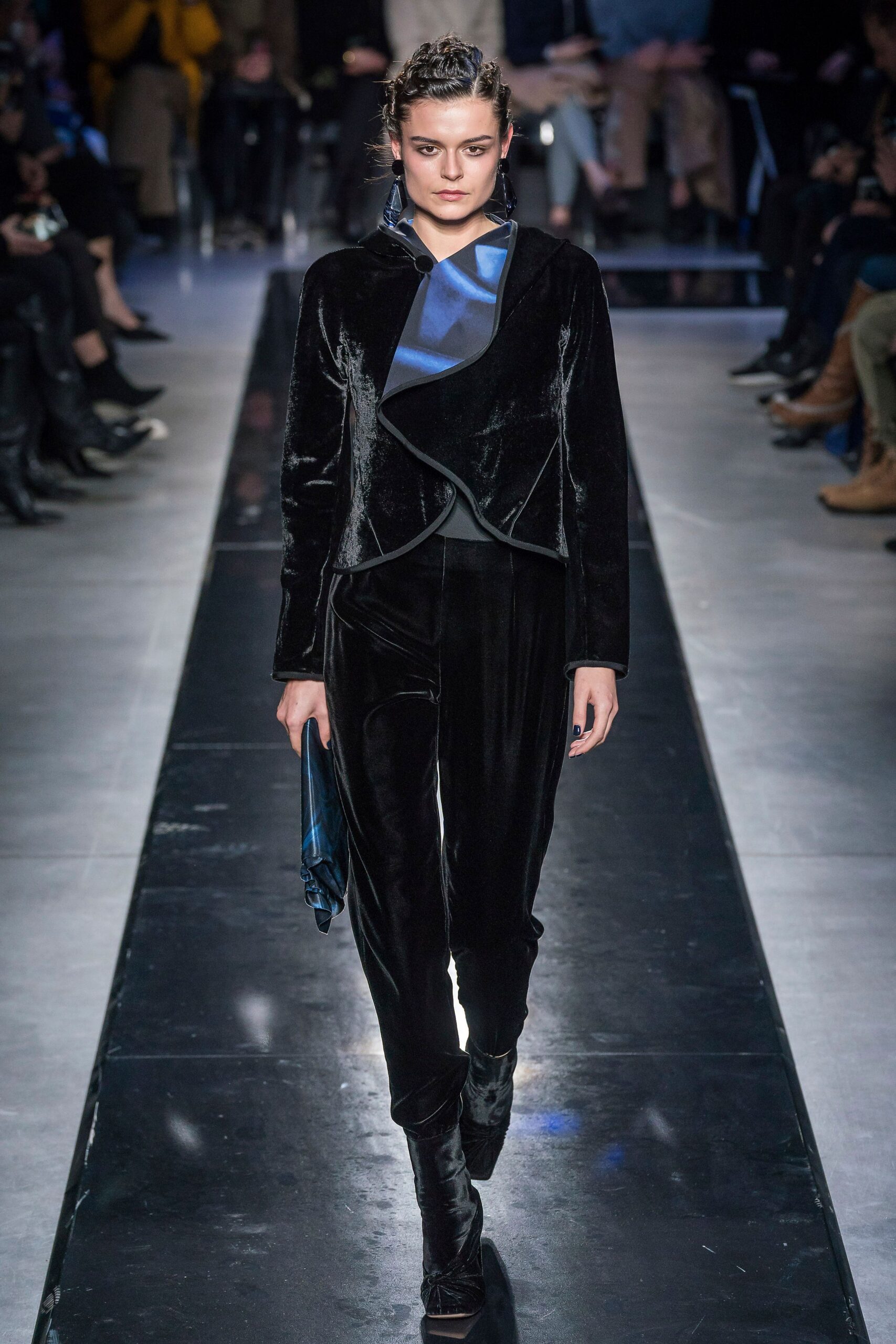 black velvet long-sleeve v-neck fitted shiny jumpsuit