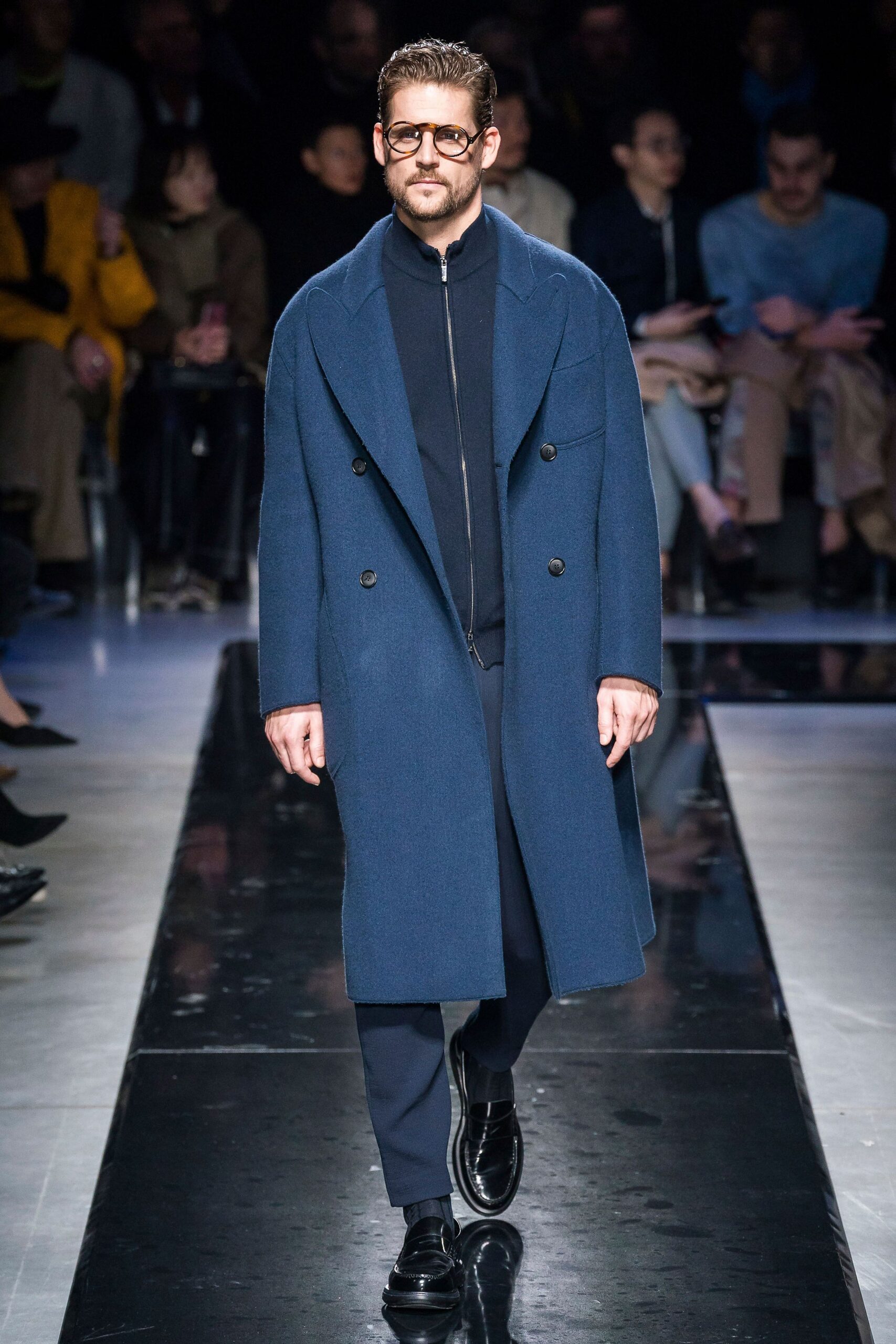 blue wool coat with black jacket