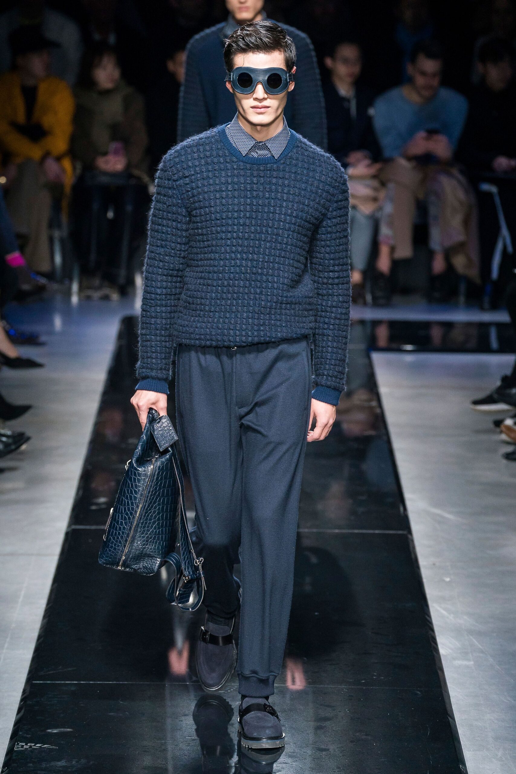 navy sweater black pants outfit