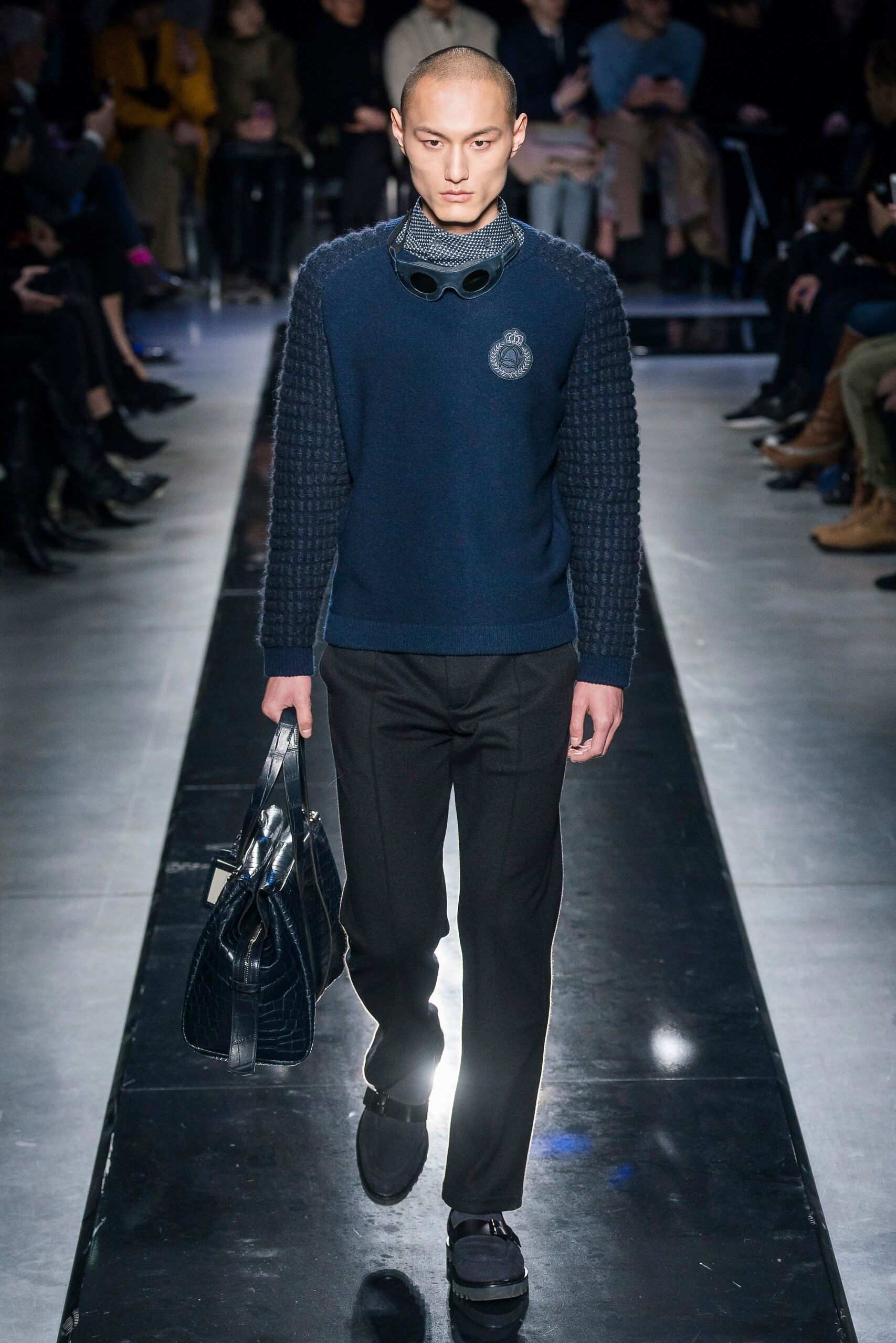 blue wool sweater with black pants