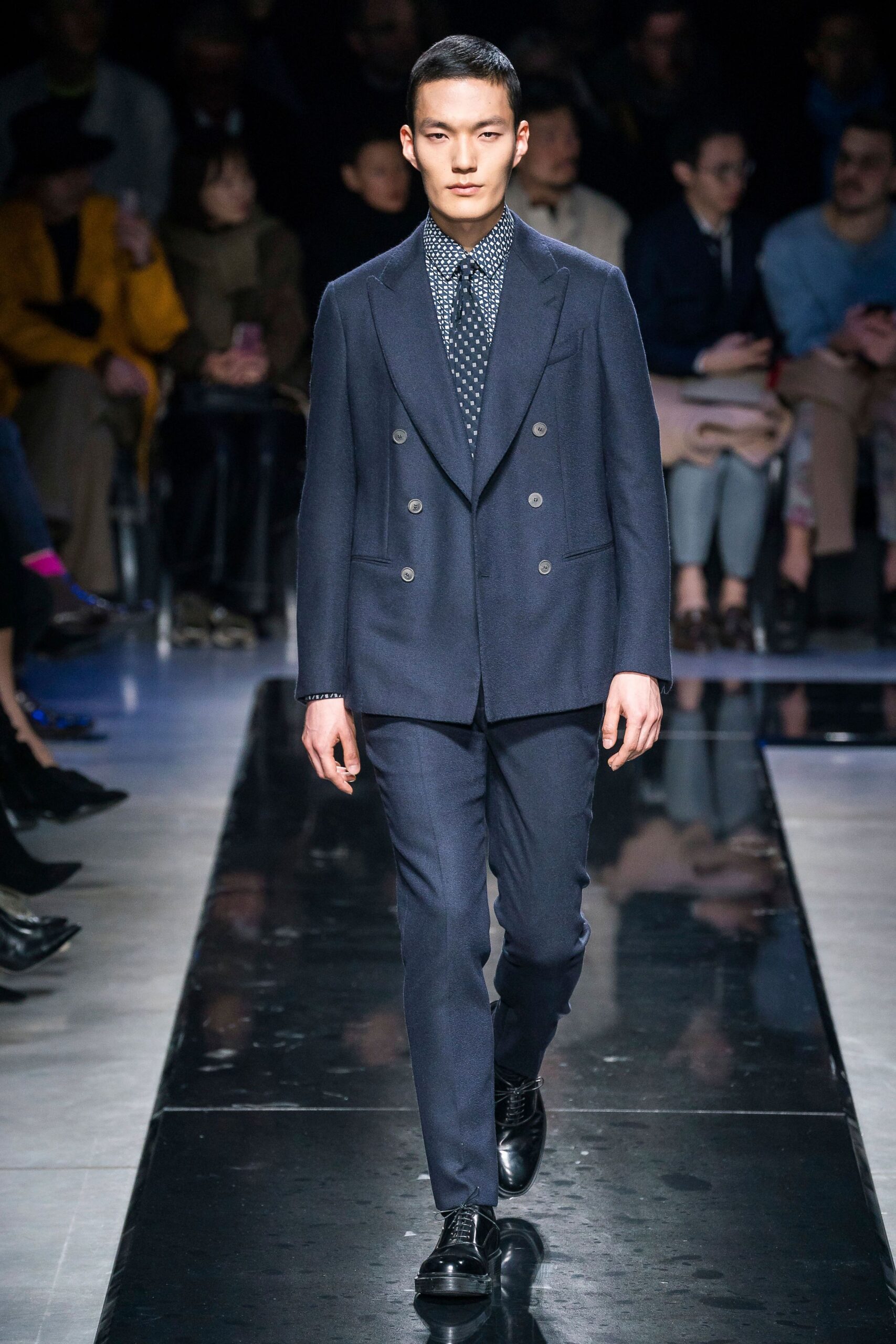navy tailored suit with polka-dot shirt