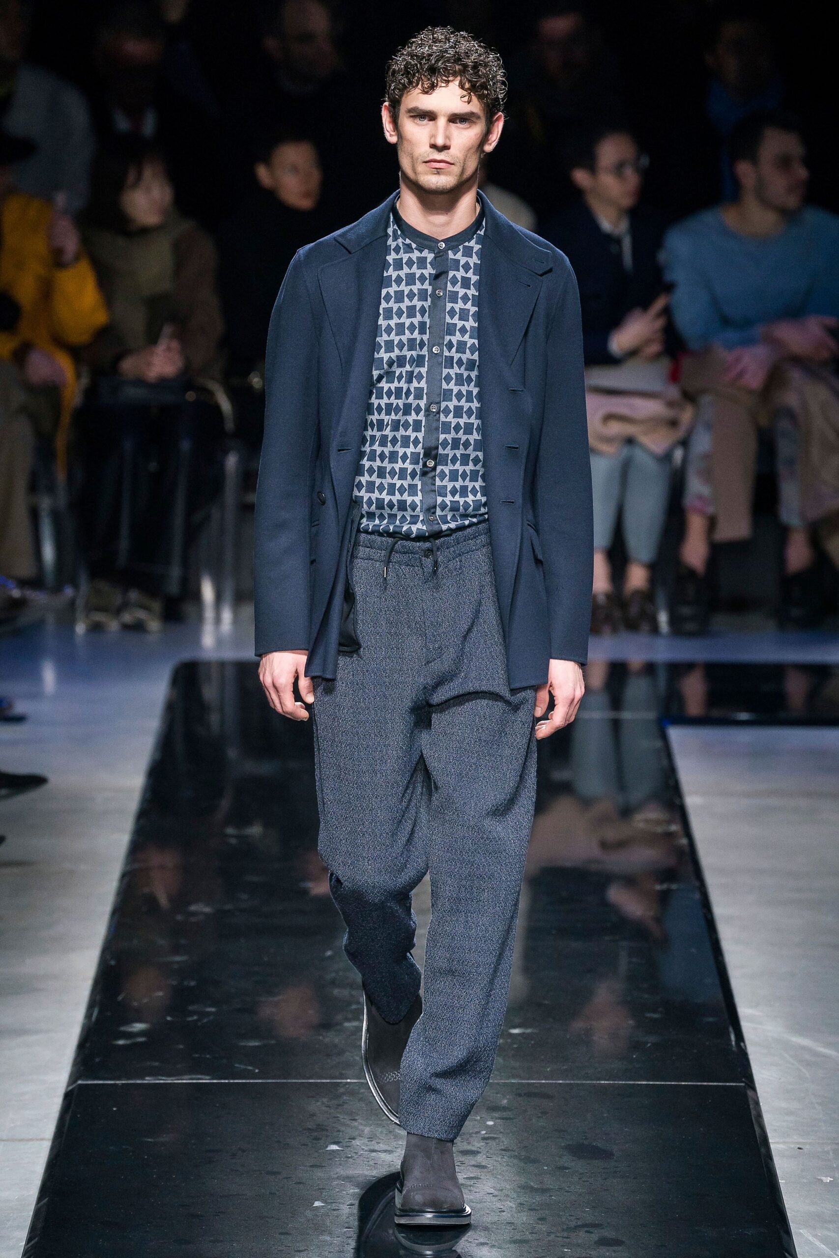 navy blazer blue printed shirt gray pants