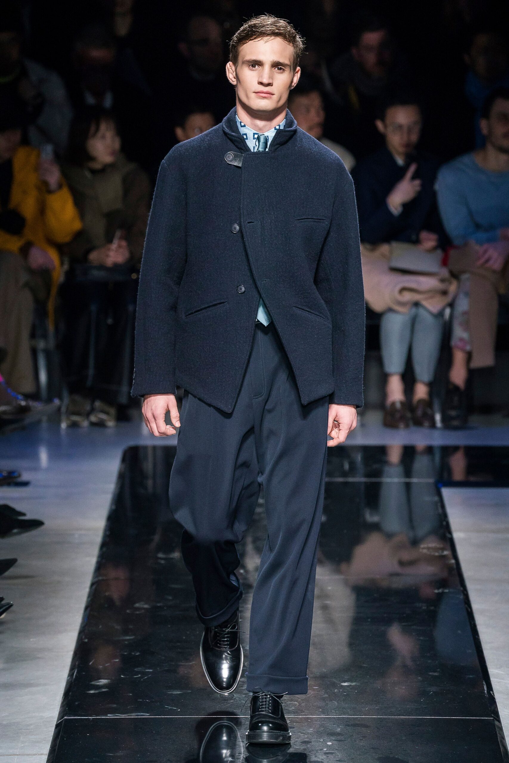 navy wool jacket with relaxed pants
