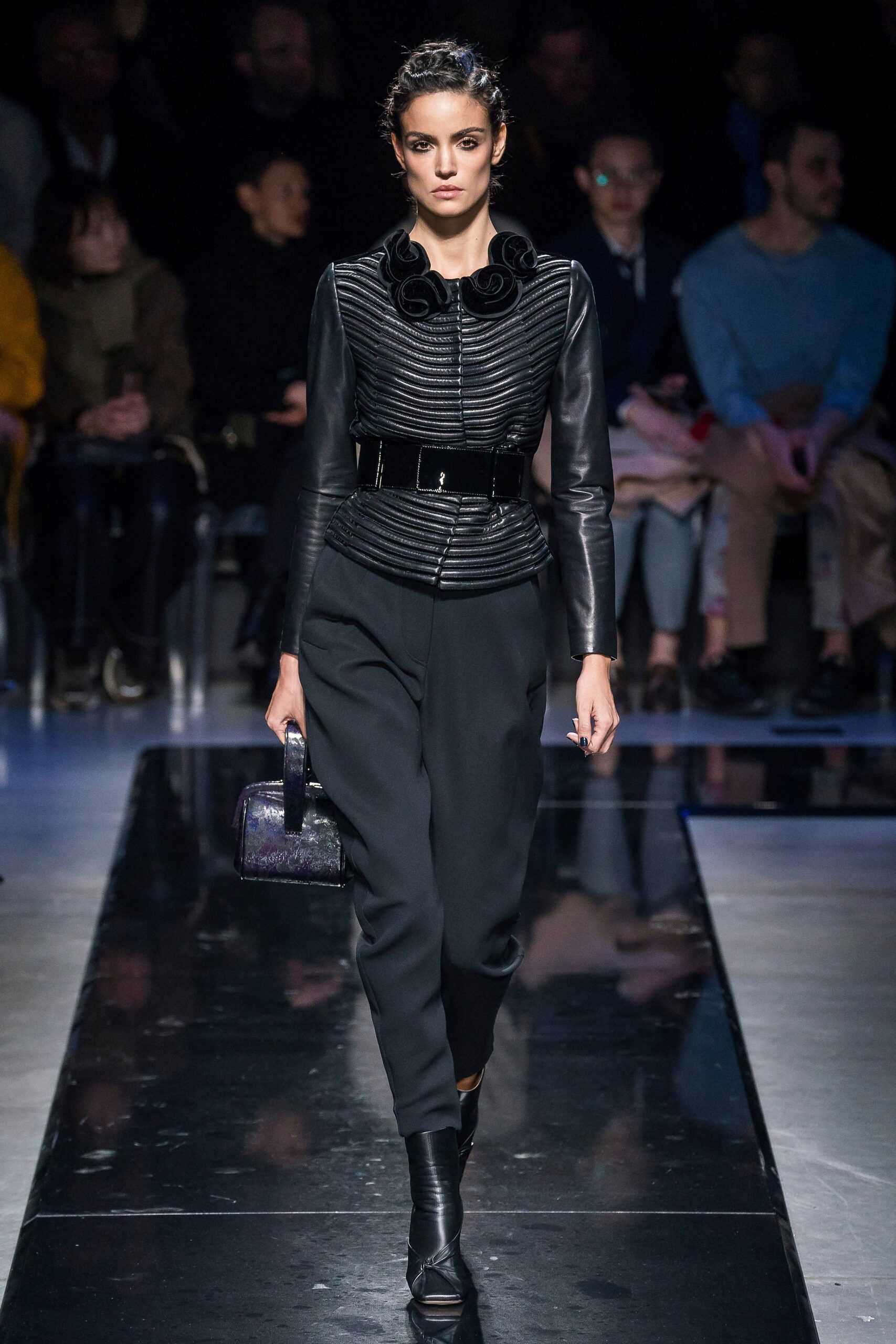black leather fitted jacket and pants