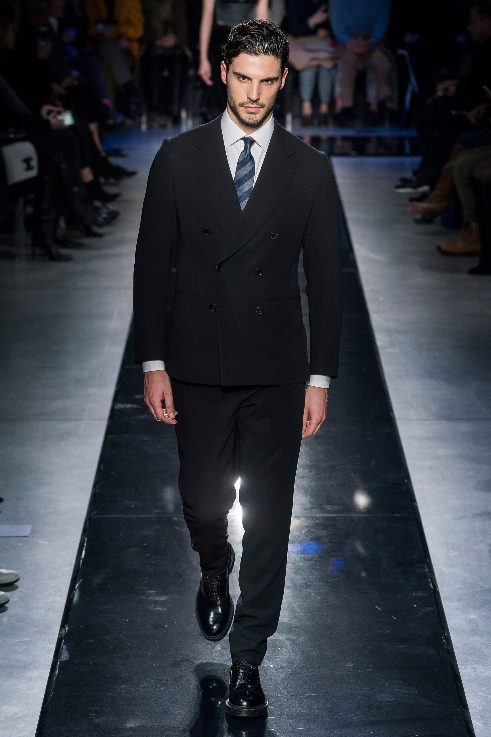 black tailored suit with white shirt