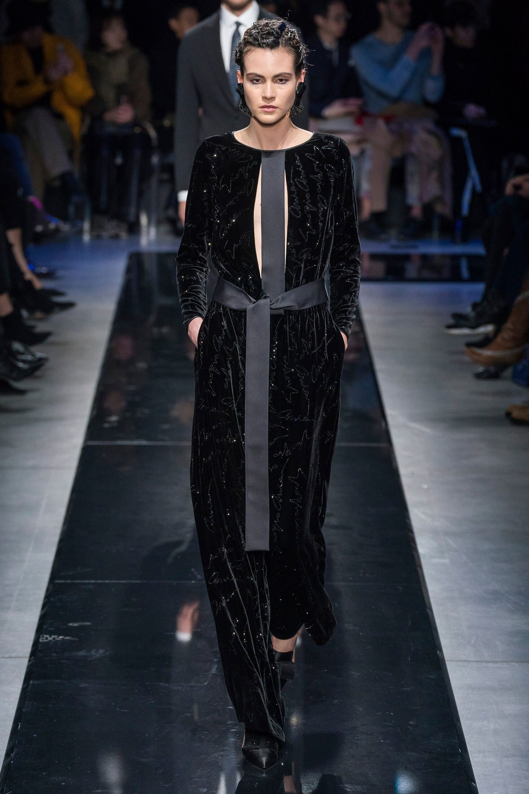 black velvet long-sleeve v-neck fitted belted pockets jumpsuit