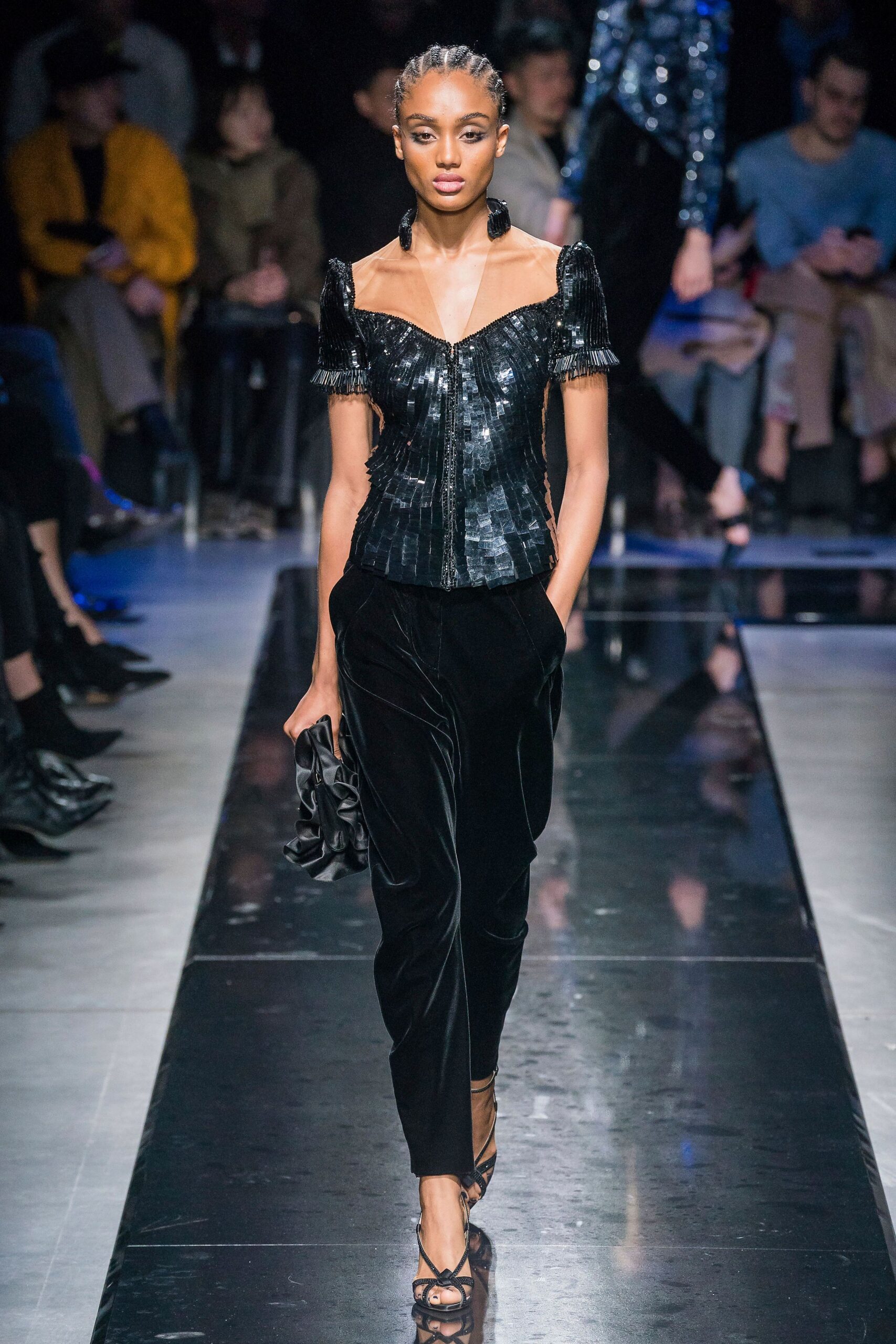 black sequined top with velvet pants