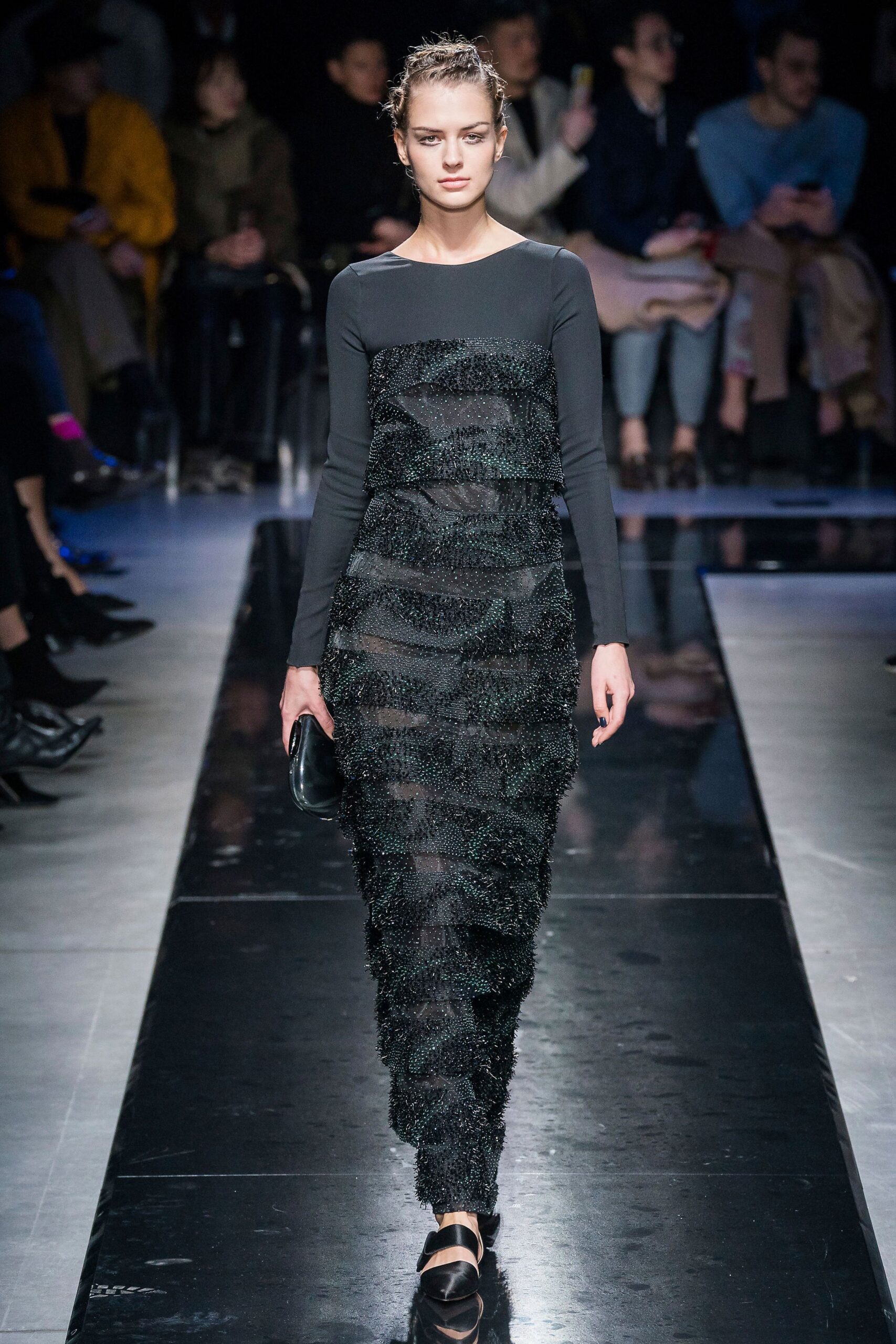 black ruffled maxi dress with shoes