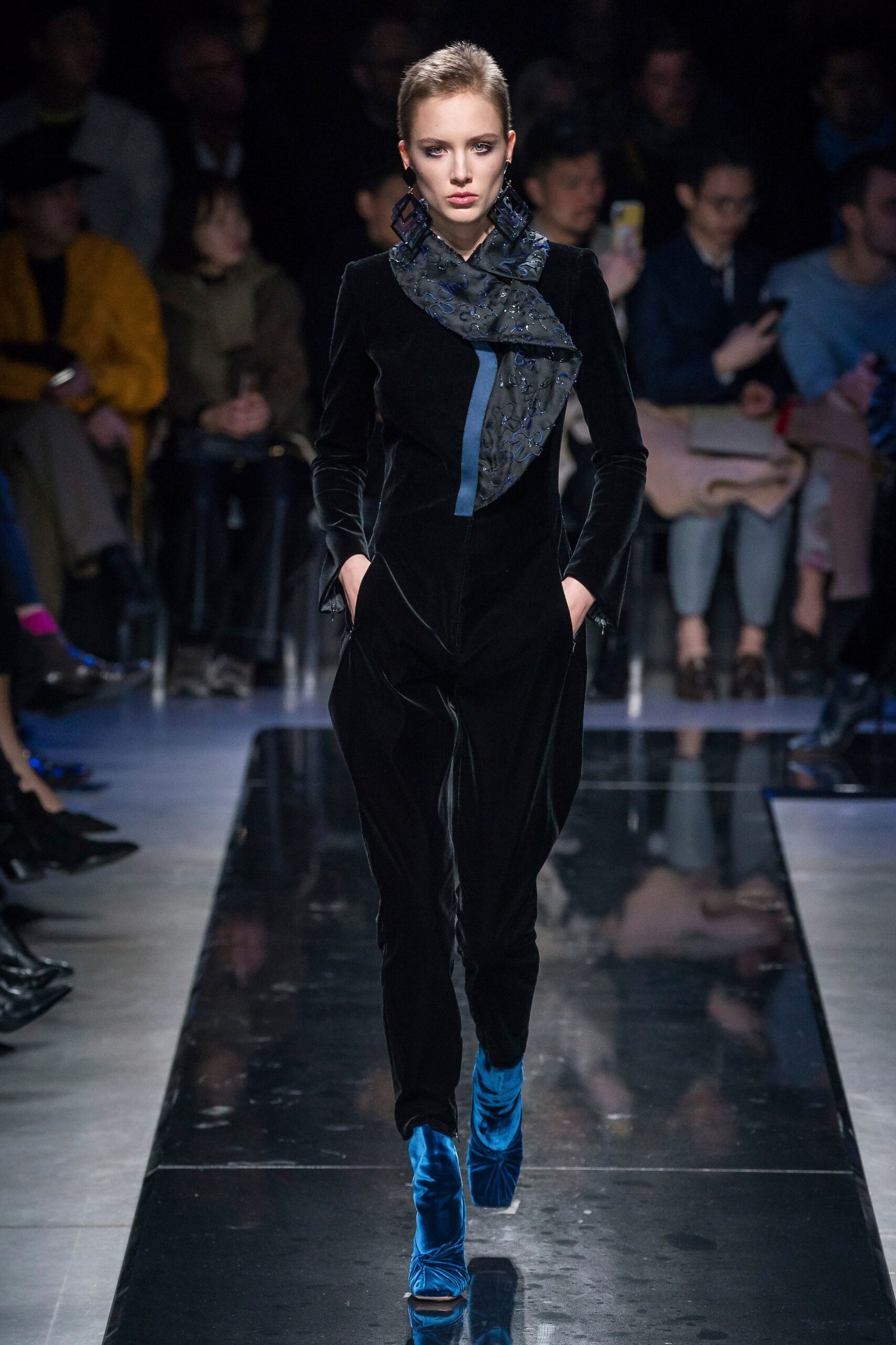 black velvet long-sleeve collared fitted zippered pockets jumpsuit