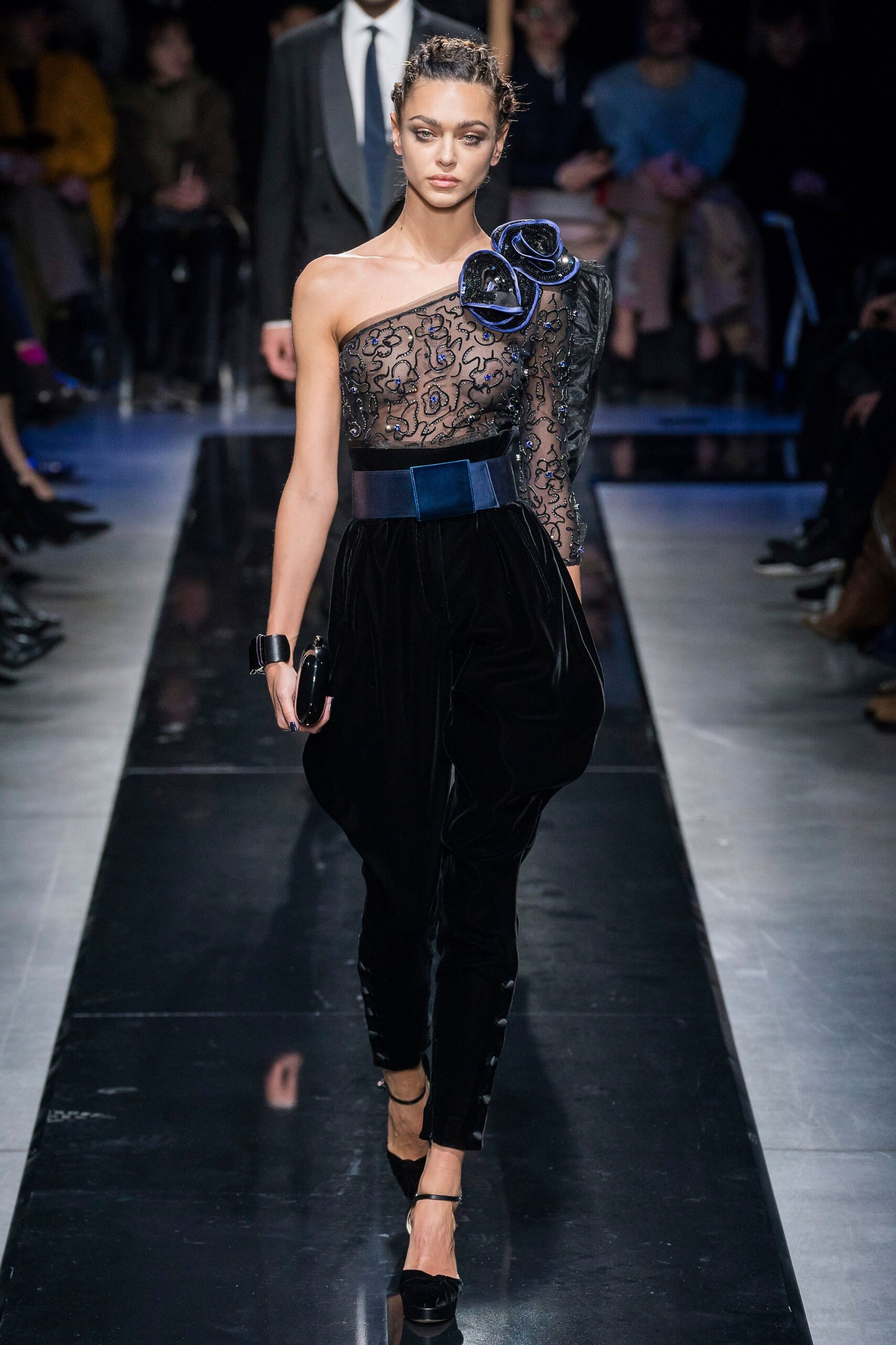 black lace top with velvet pants