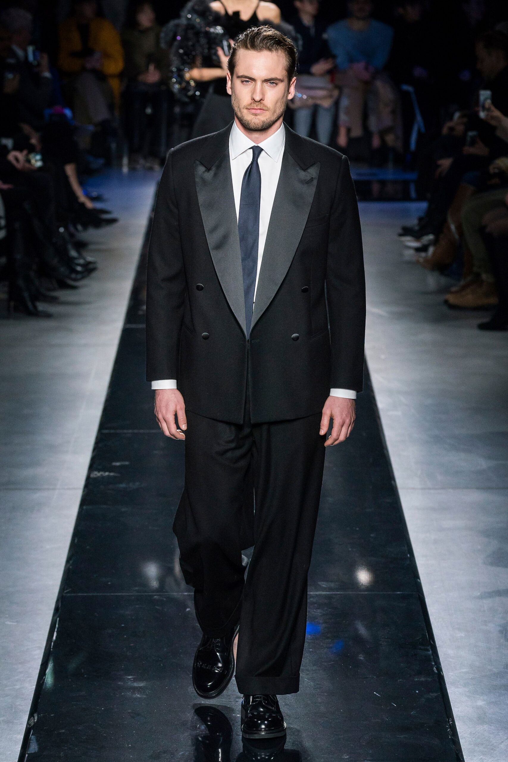 black tailored suit with white shirt
