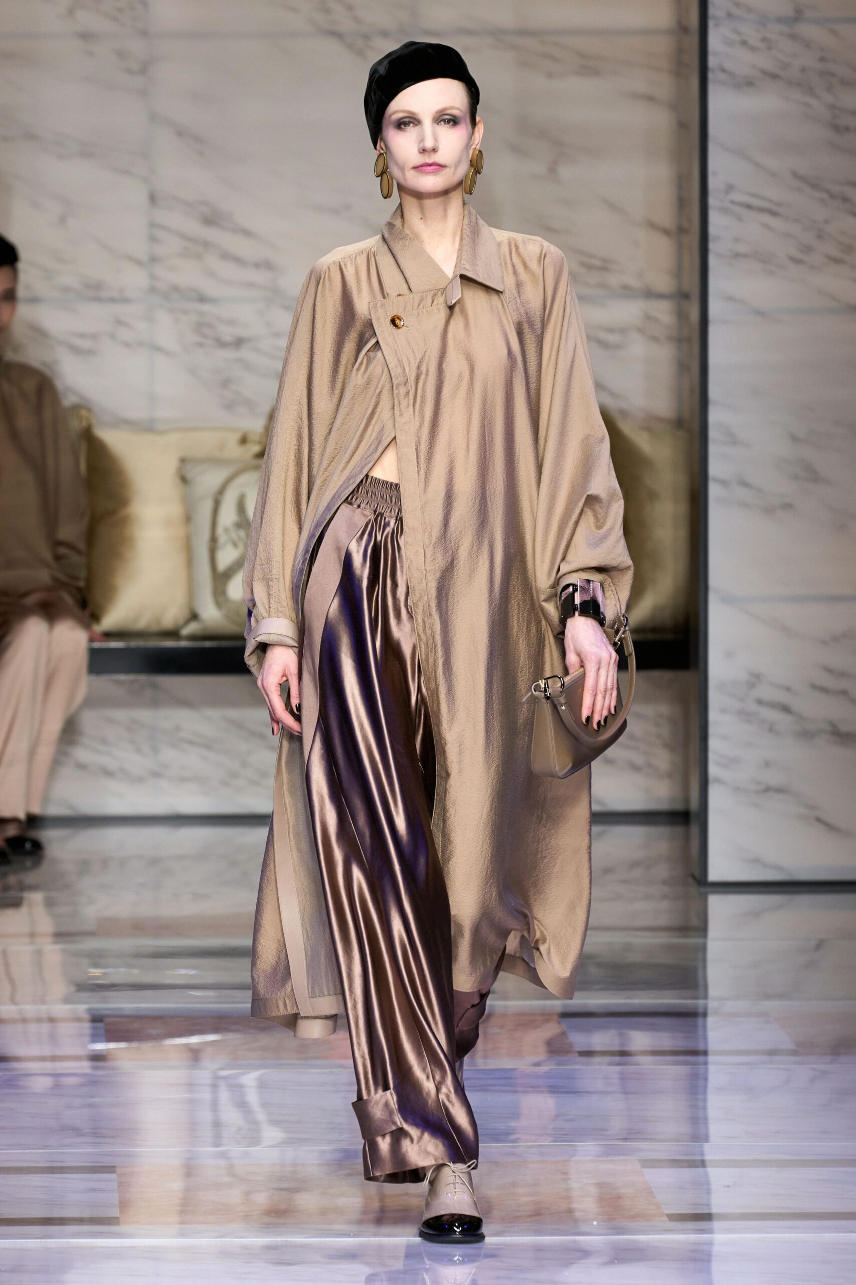 beige silk long-sleeve collared relaxed buttoned flowing coat