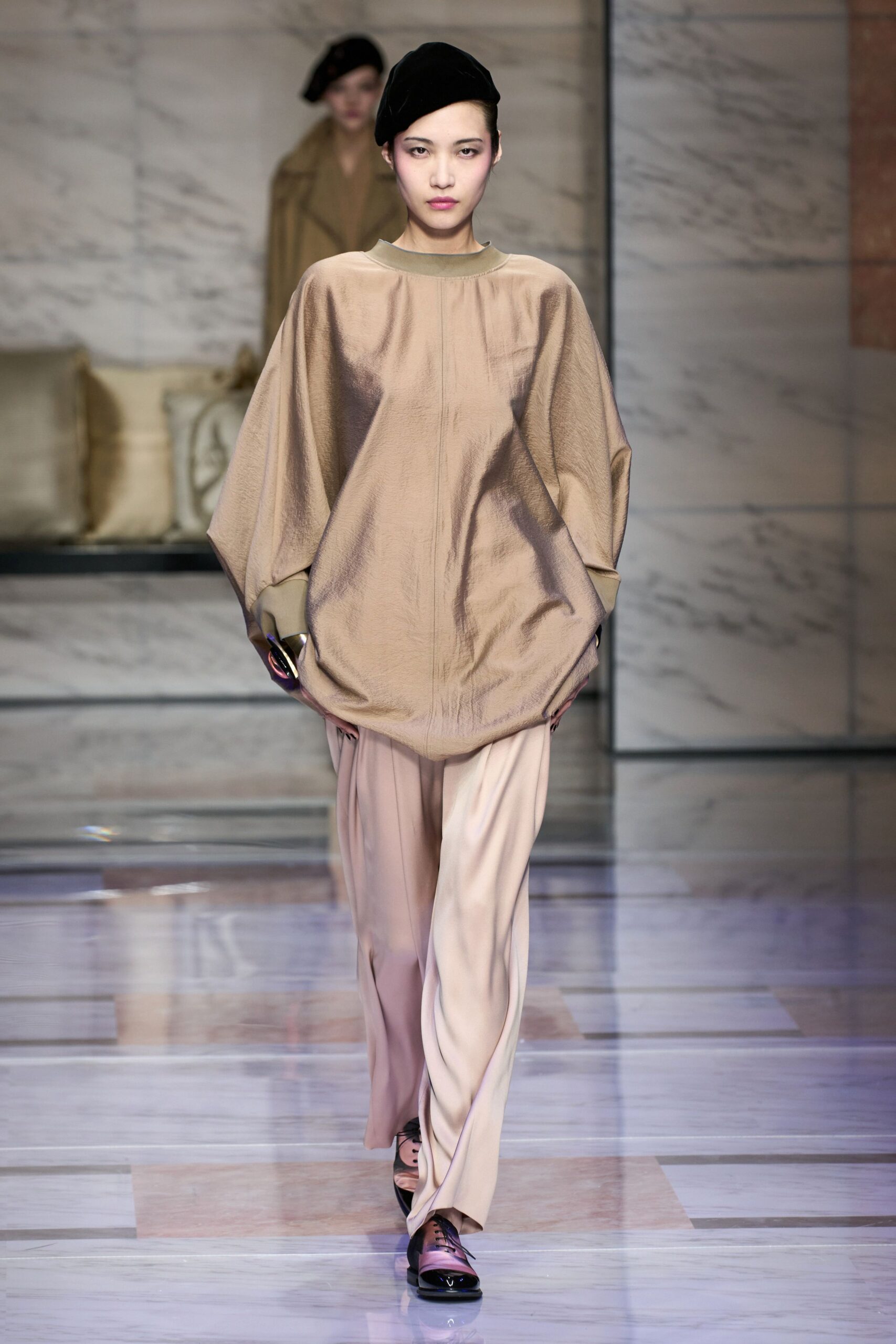 beige silk long-sleeve high-neck oversized draped flowing top
