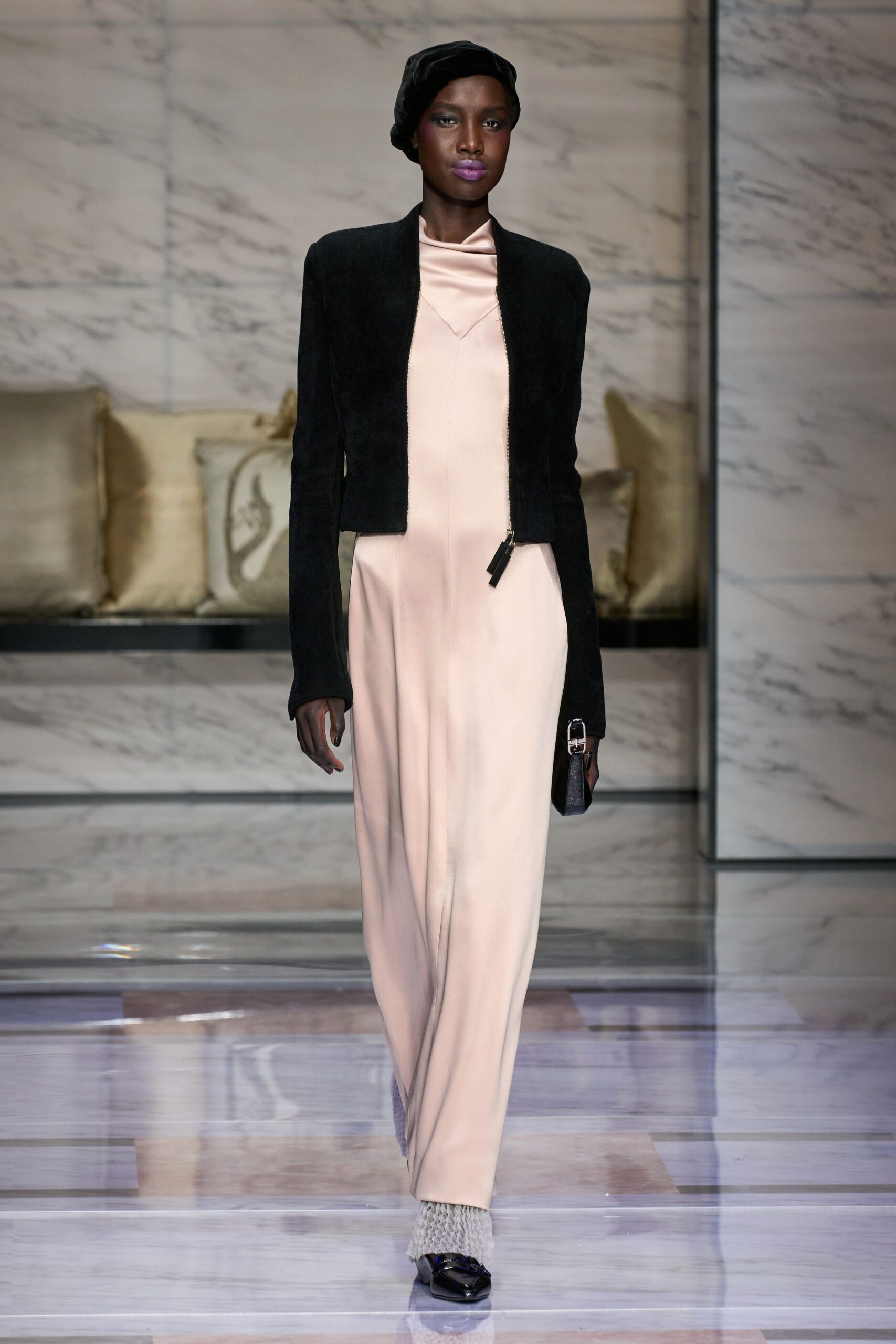 pink silk sleeveless high-neck fitted shiny maxi gown