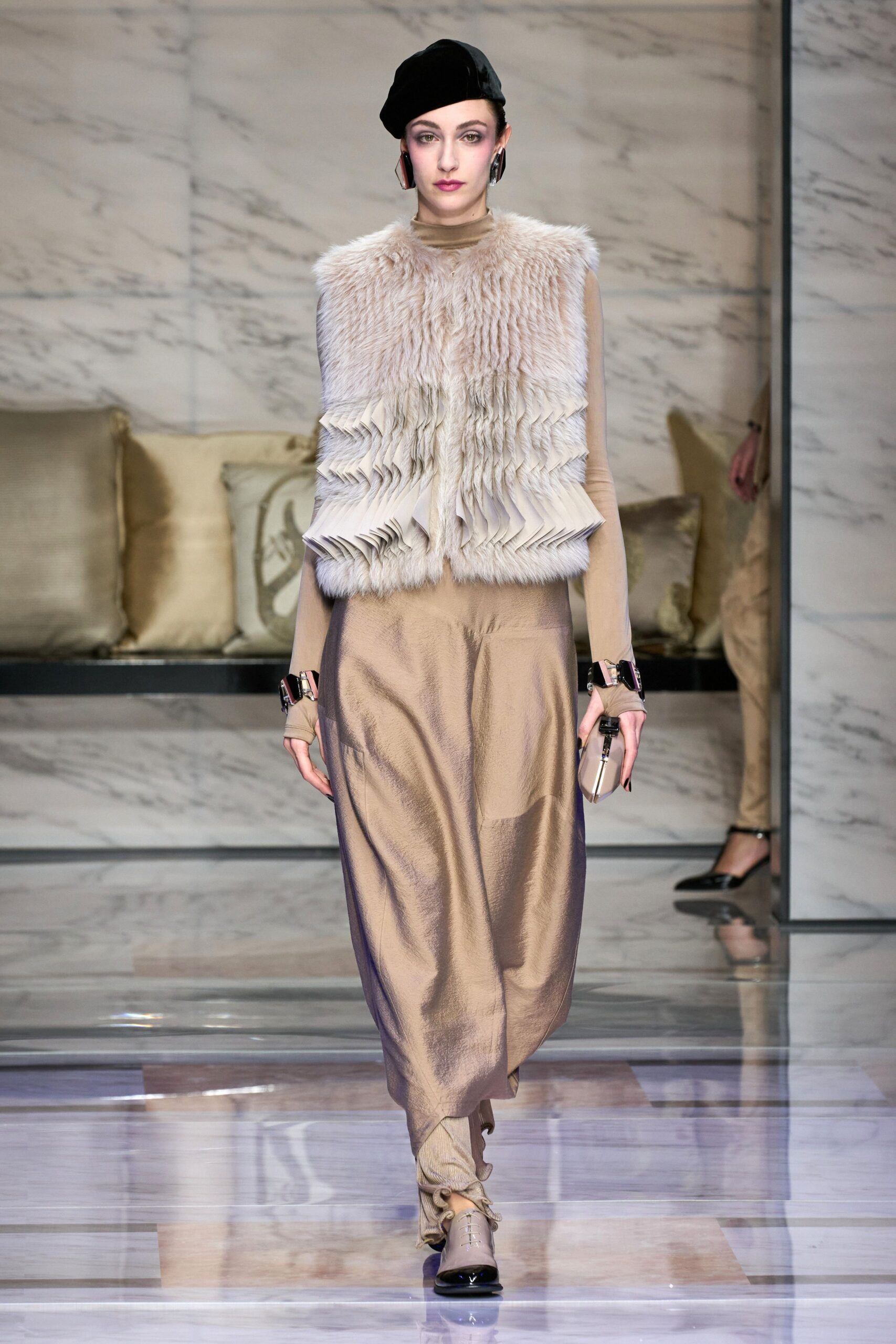 beige fur sleeveless fitted fringed top
