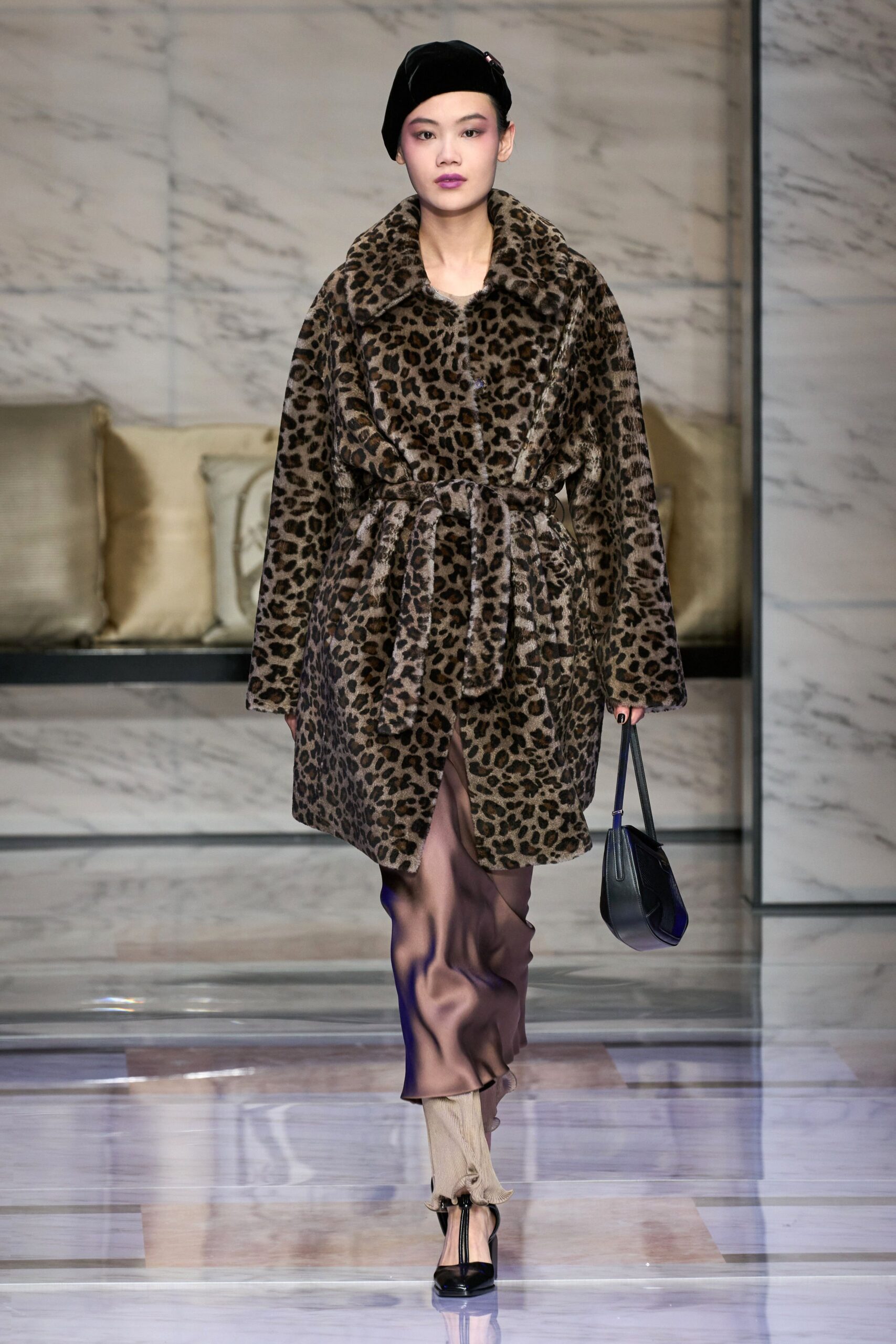 brown faux-fur long-sleeve collared relaxed animal-print belted coat