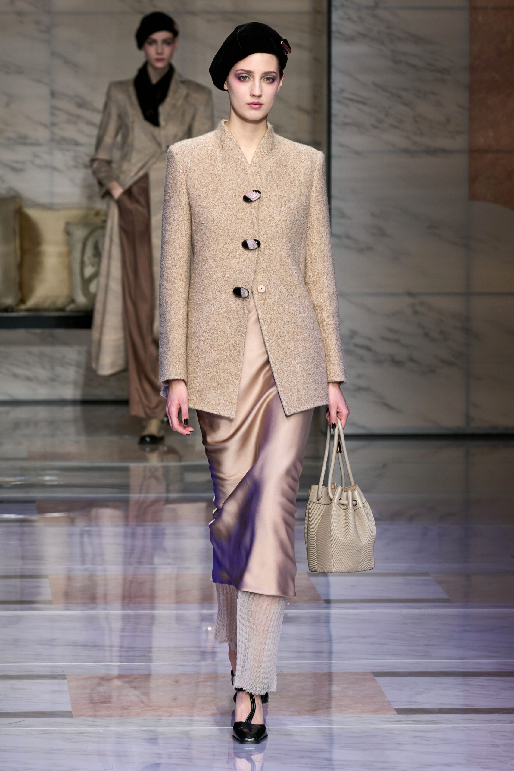 beige tweed long-sleeve collared structured buttoned blazer
