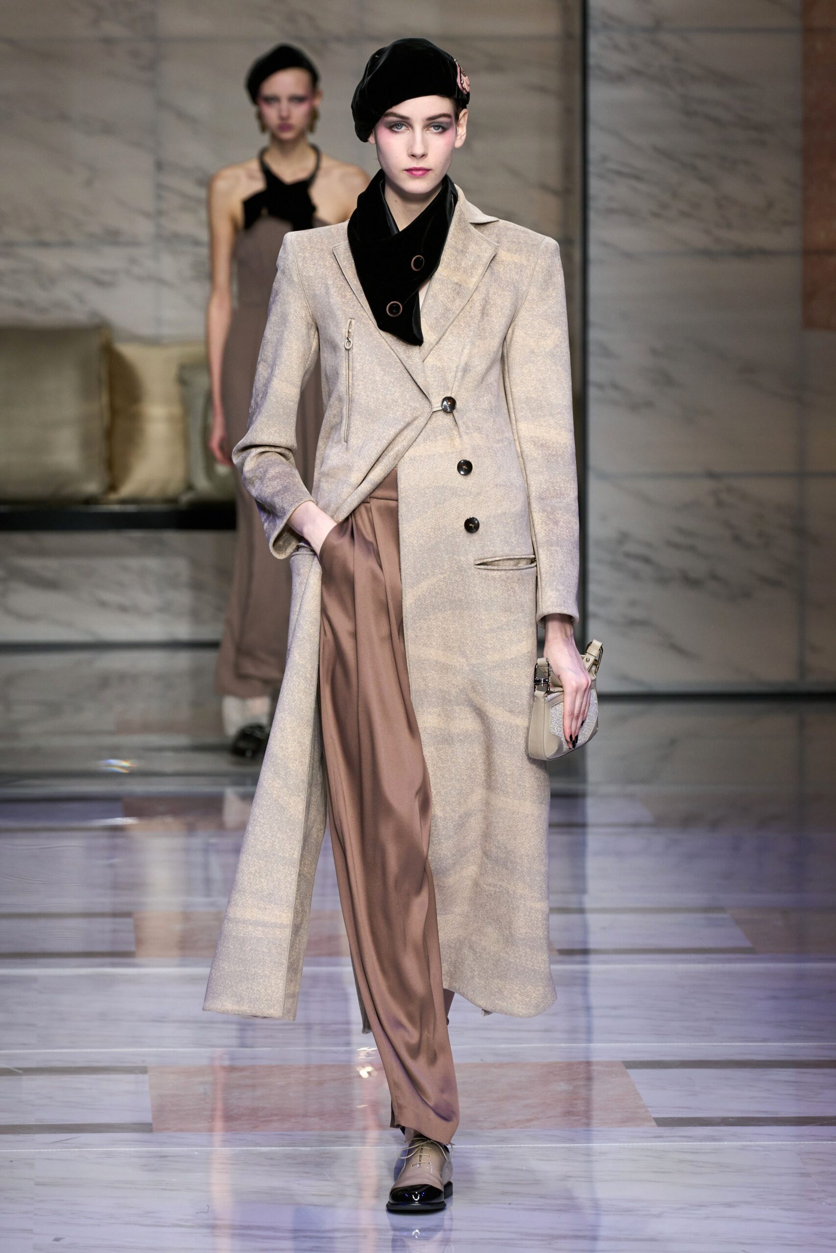 beige wool long-sleeve collared tailored buttoned midi coat