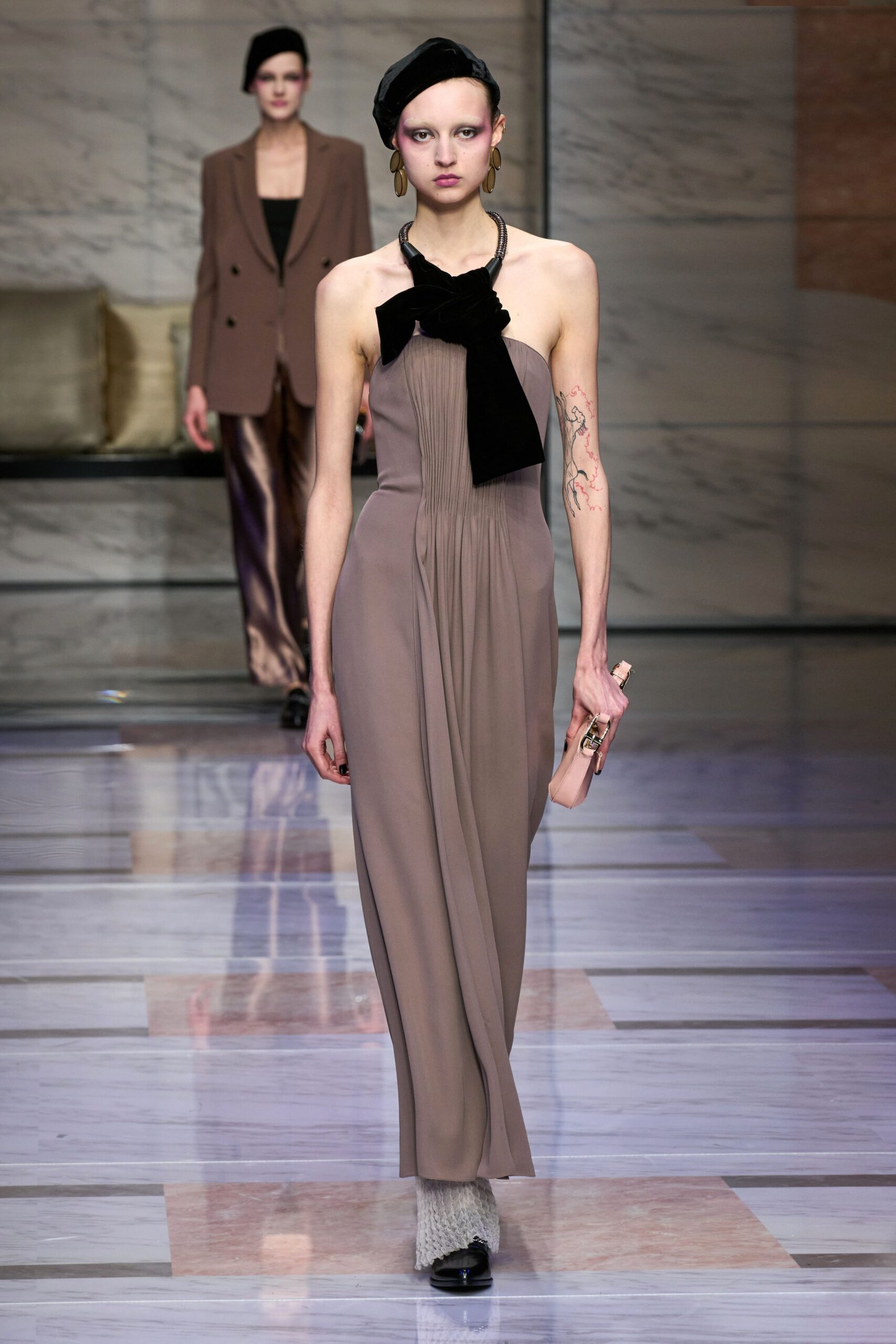 beige silk strapless fitted draped maxi gown