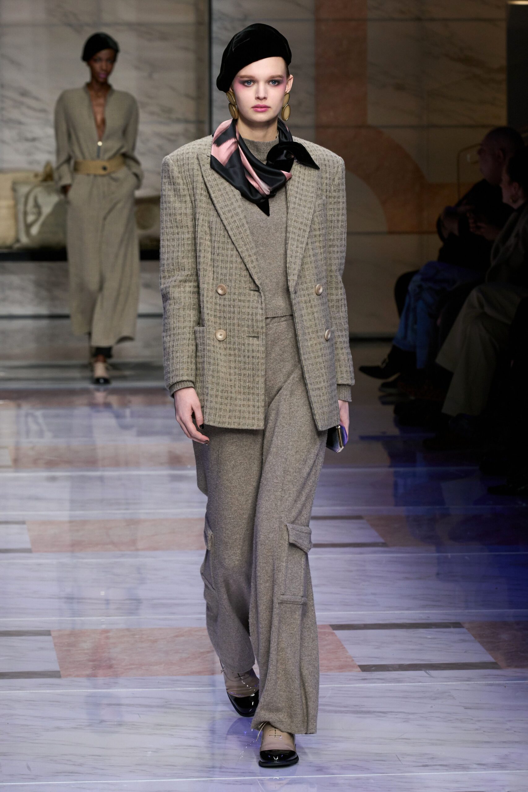 gray wool long-sleeve tailored flared pants