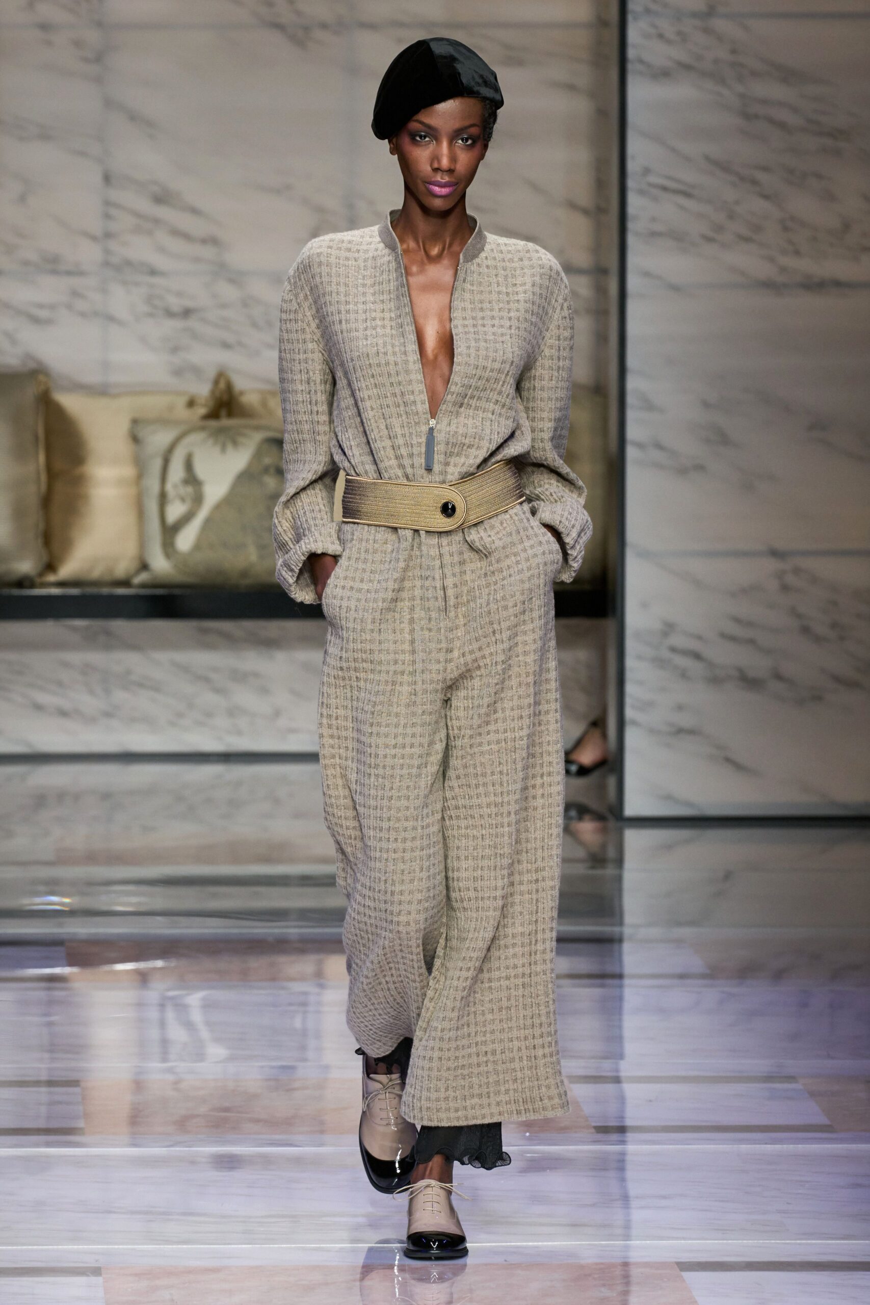 beige cotton long-sleeve v-neck relaxed zippered pockets jumpsuit