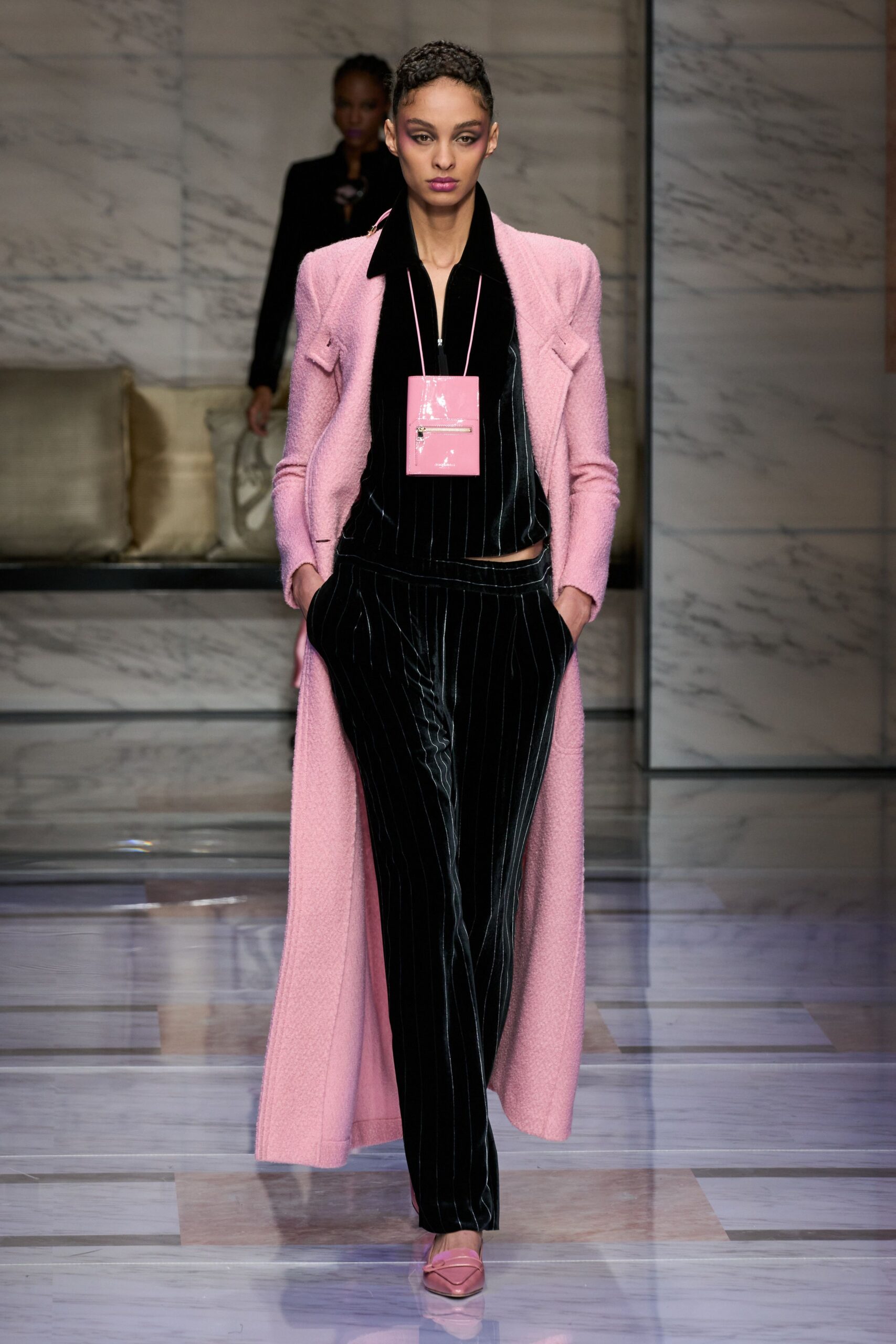 pink wool long-sleeve collared fitted buttoned maxi coat