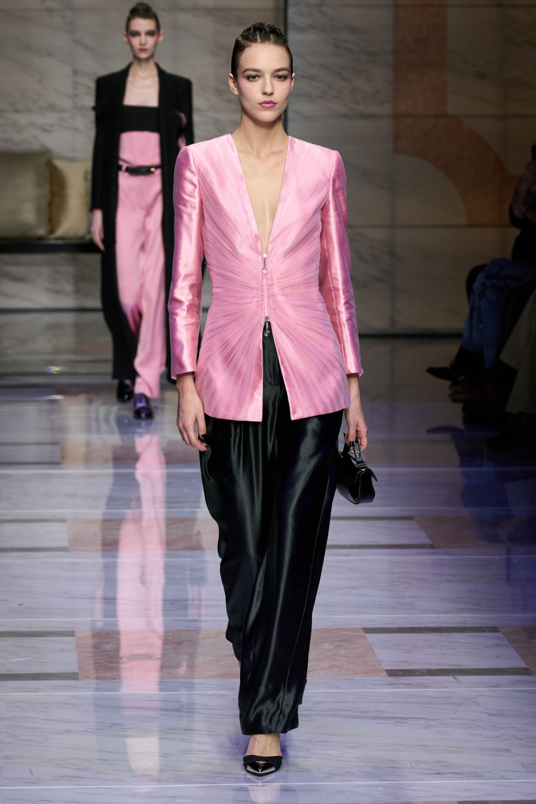 black silk long-sleeve collared structured buttoned blazer
