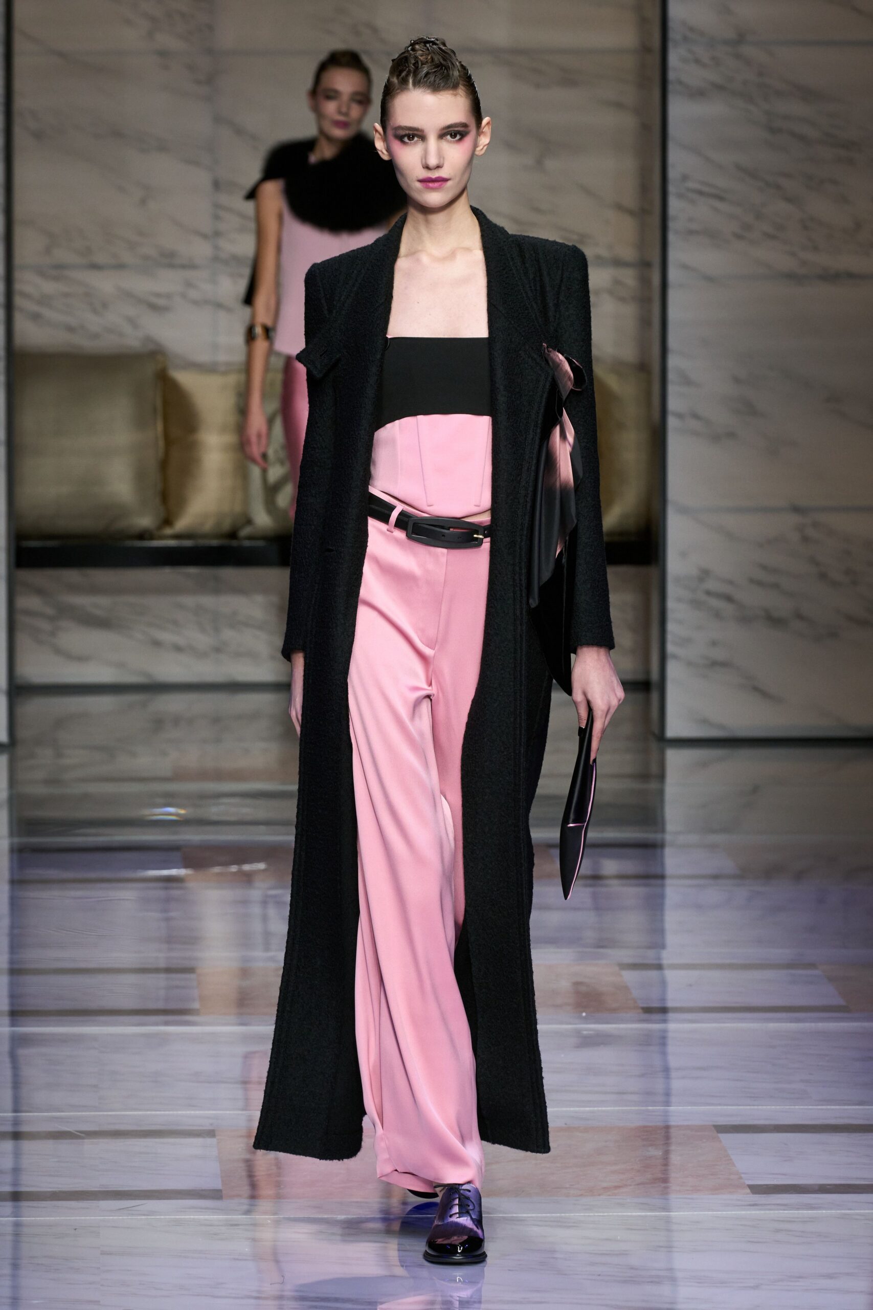 pink silk fitted high-waisted straight-leg pants