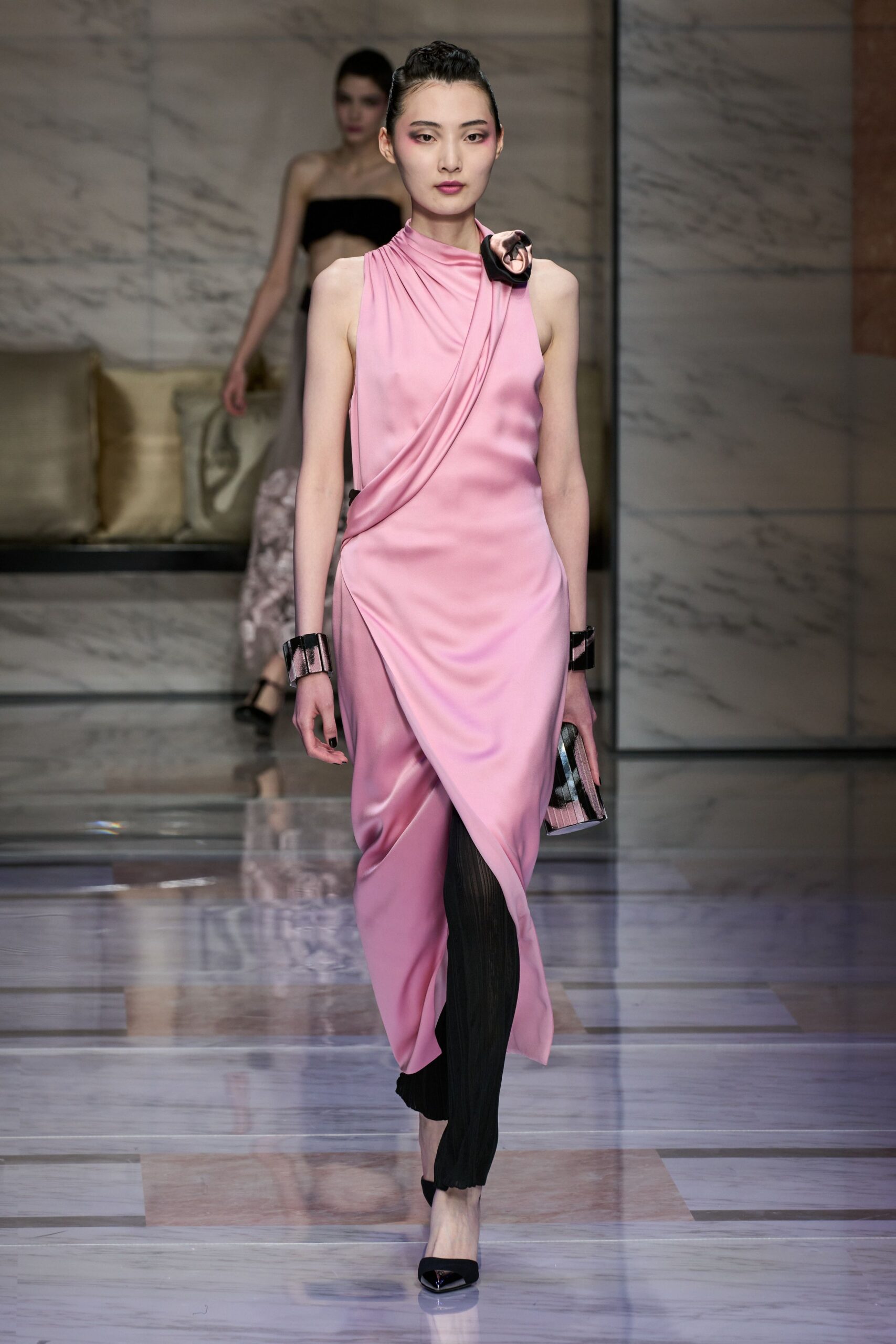 pink silk sleeveless high-neck fitted draped flowing dress