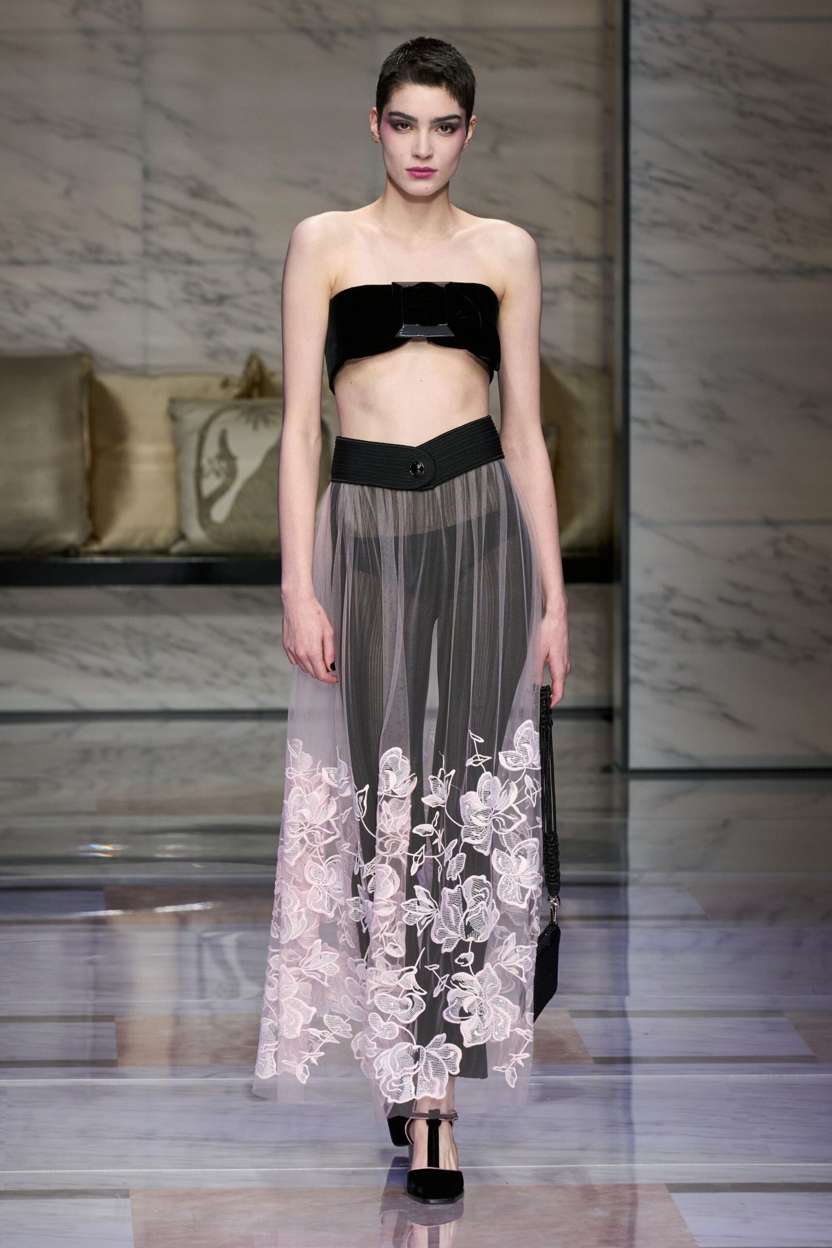 black chiffon fitted high-waisted pleated flared sheer skirt