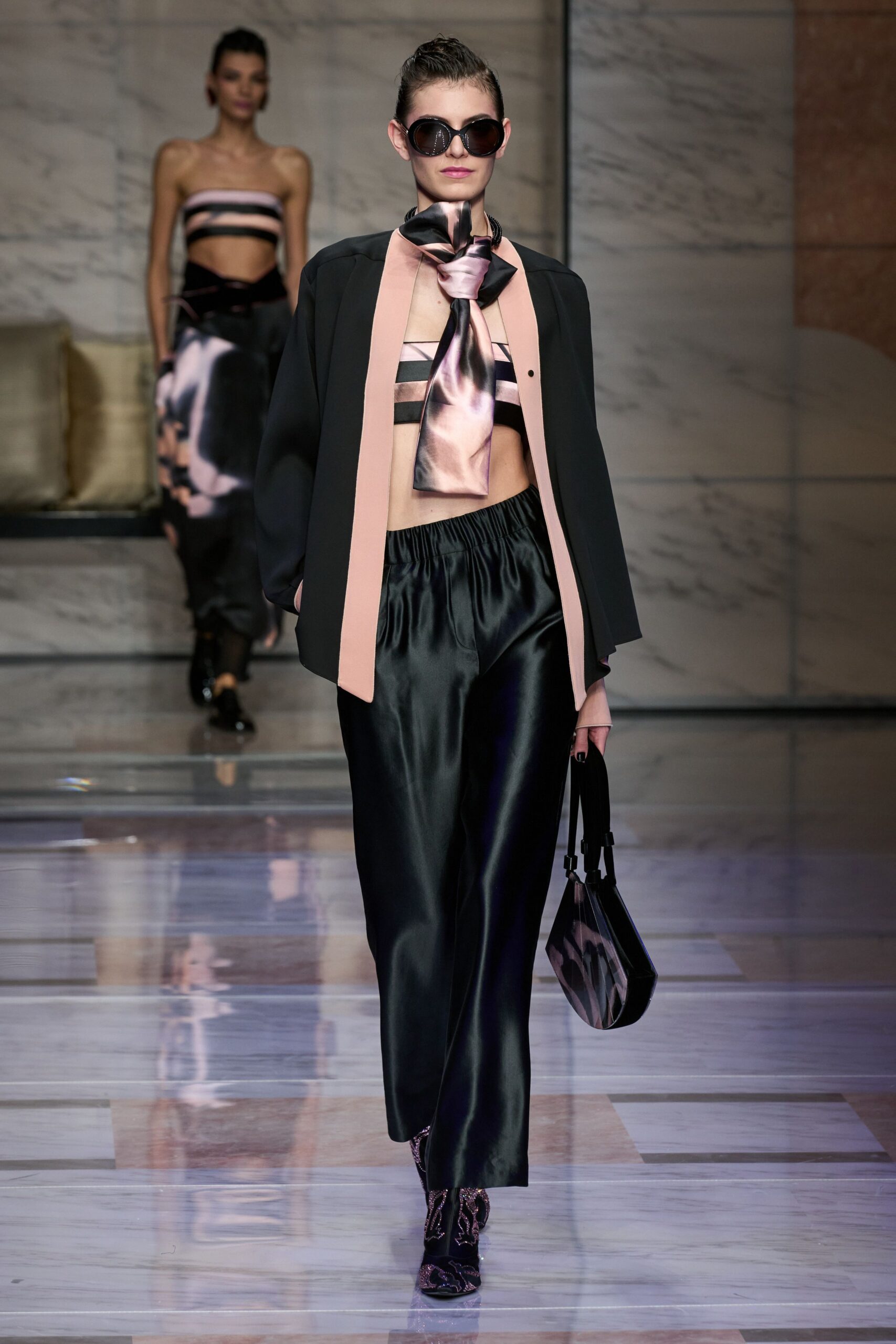 black pink blazer top pants