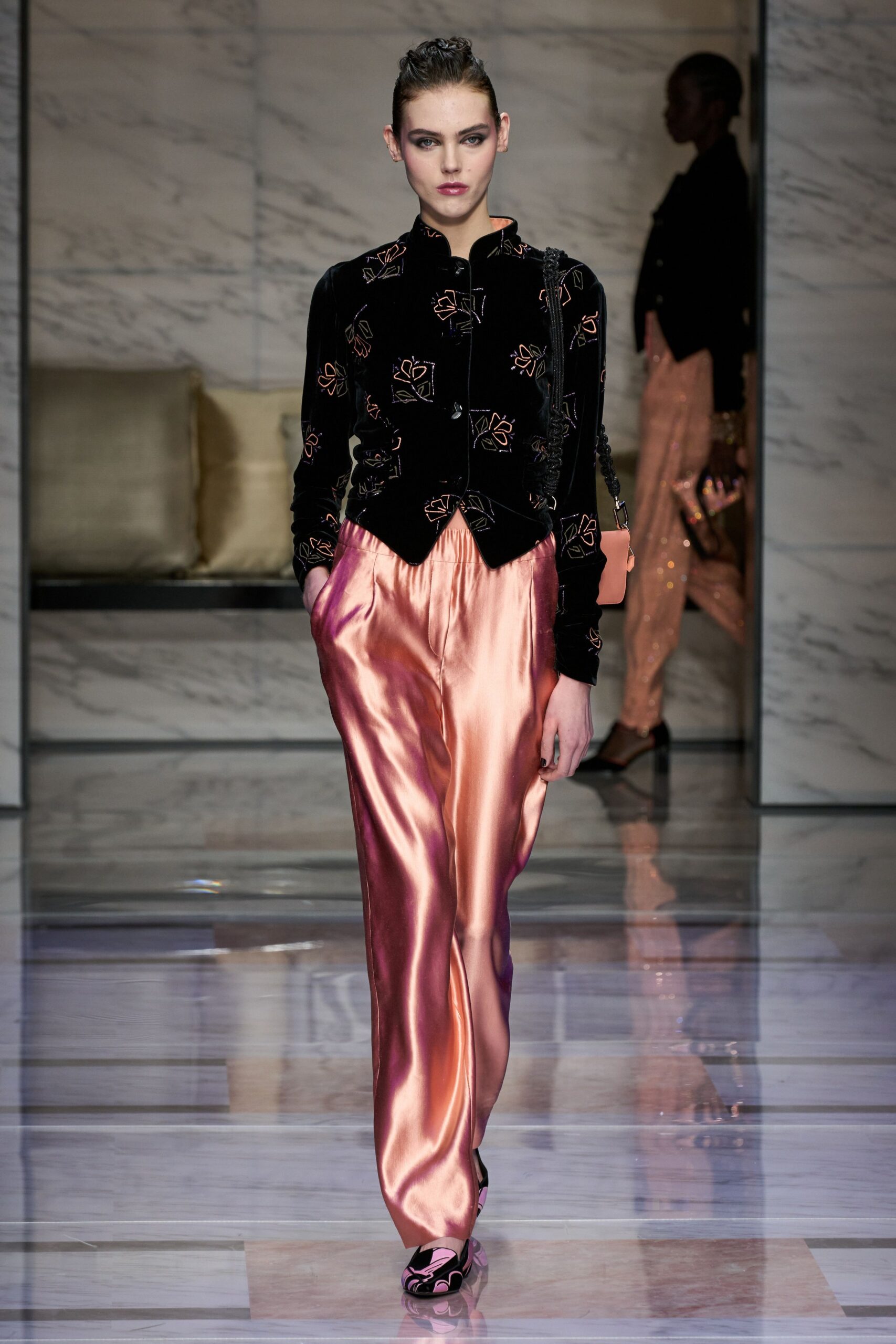 pink satin relaxed straight-leg shiny pants